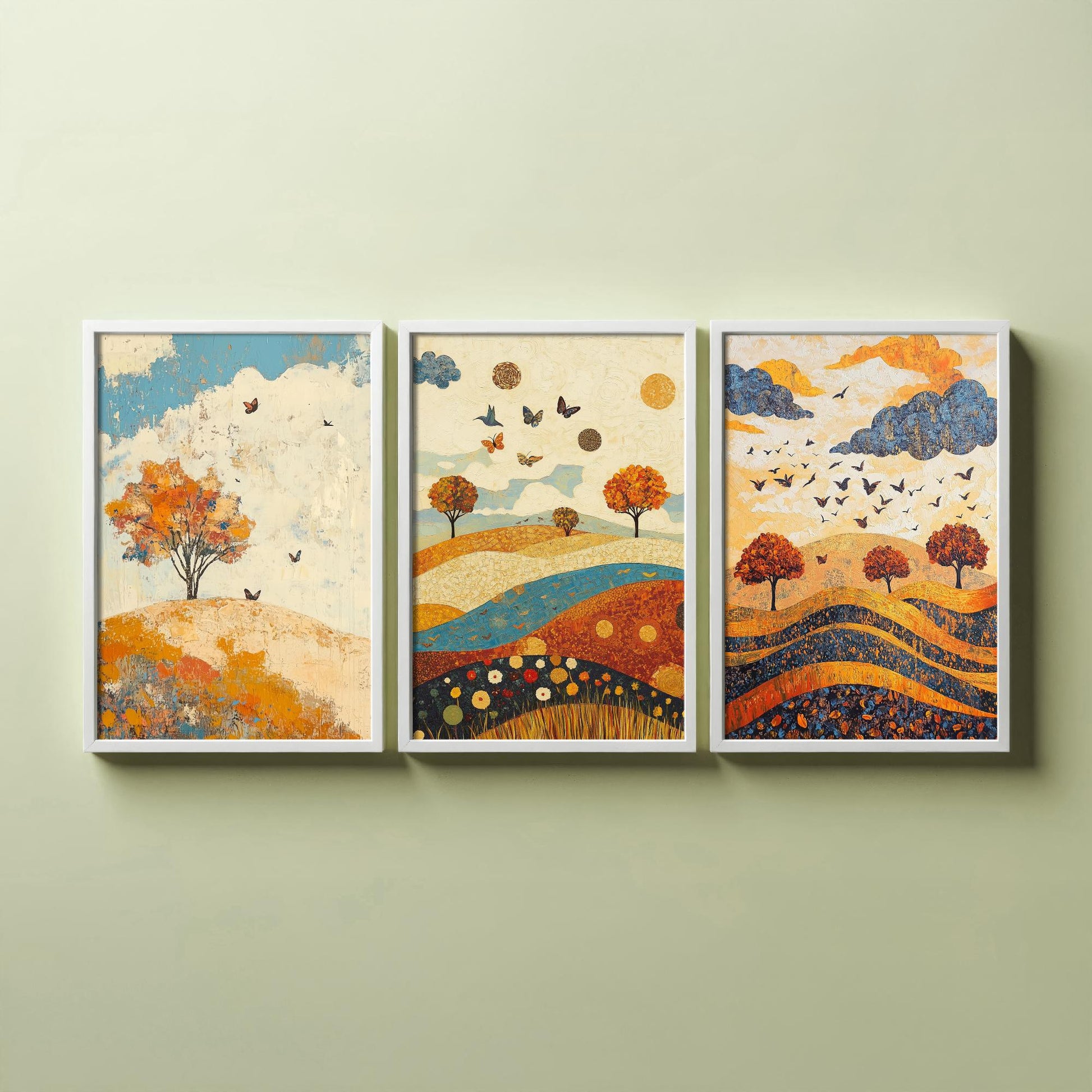 Rolling Hills Butterfly Set of Three Art Prints - Lapis Chestnut and Cream - Folk Meadow Poster Illustration Gift