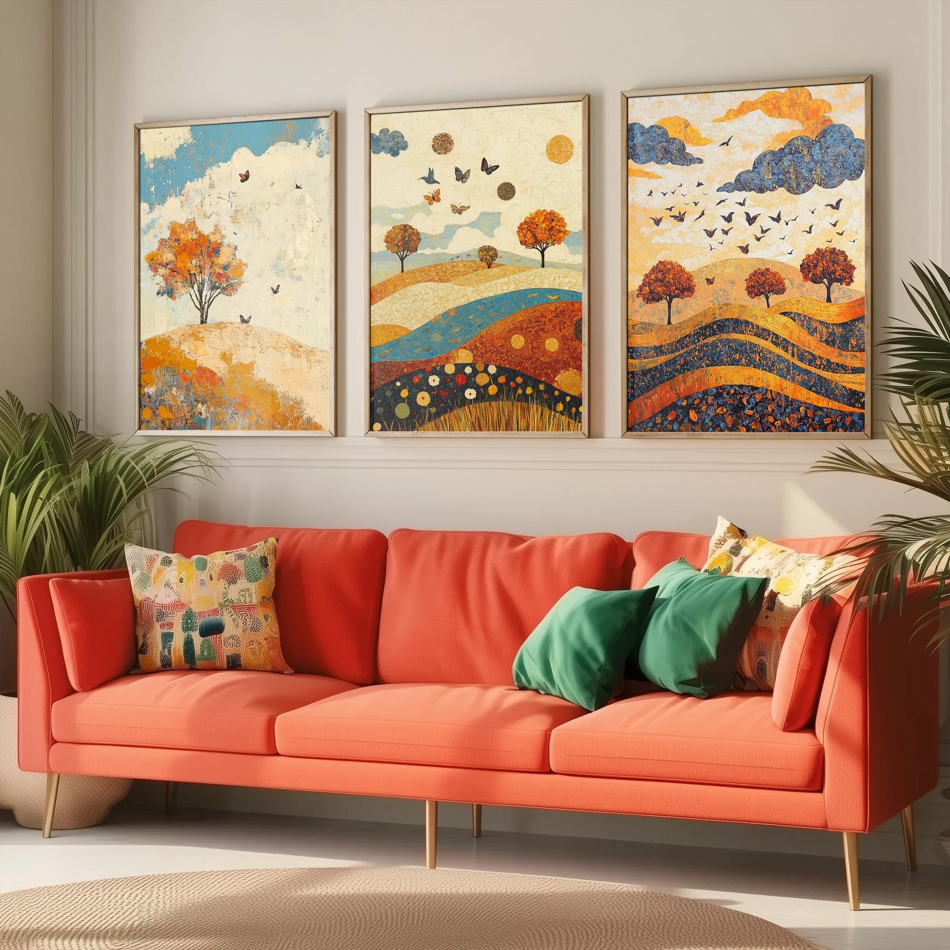 Rolling Hills Butterfly Set of Three Art Prints - Lapis Chestnut and Cream - Folk Meadow Poster Illustration Gift