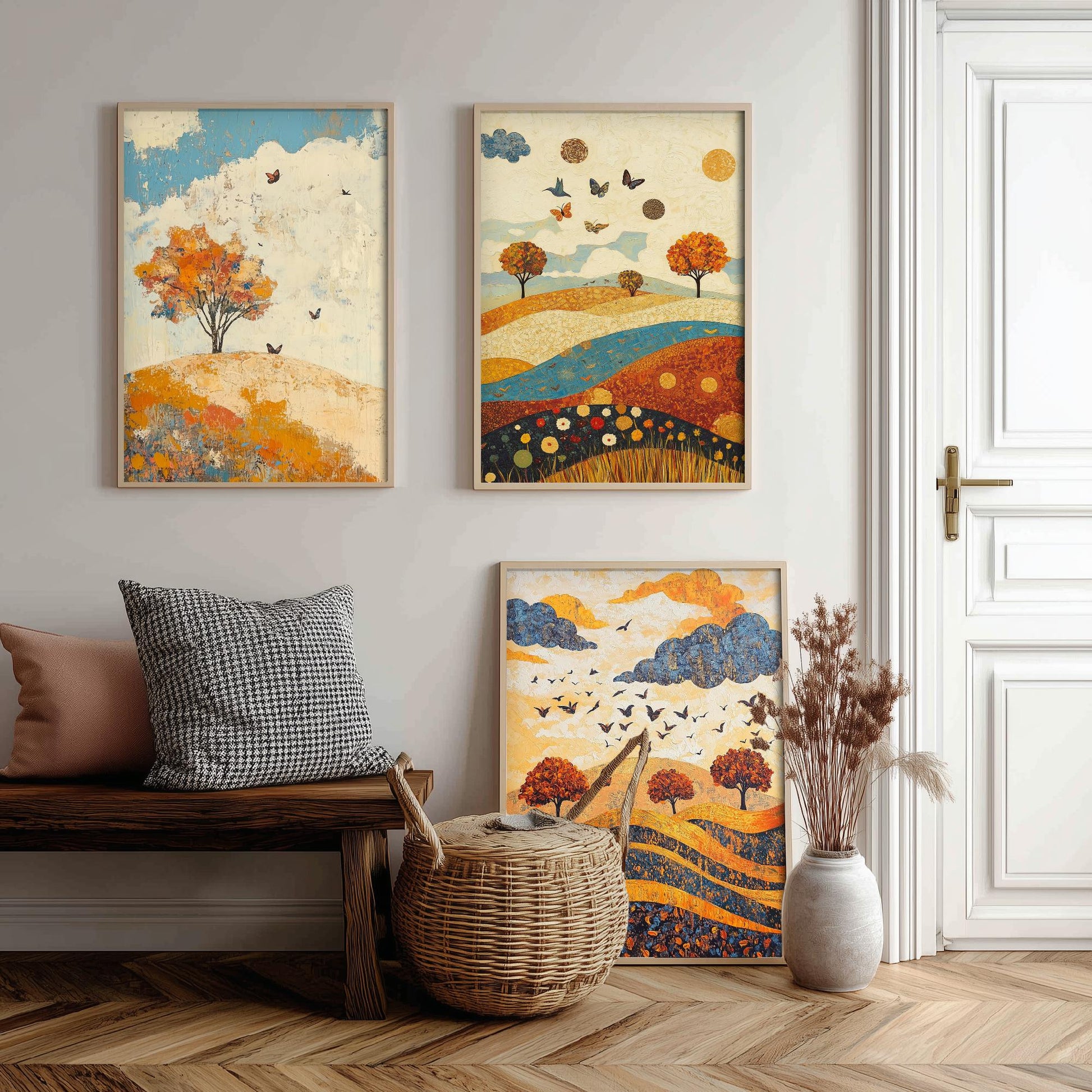 Rolling Hills Butterfly Set of Three Art Prints - Lapis Chestnut and Cream - Folk Meadow Poster Illustration Gift