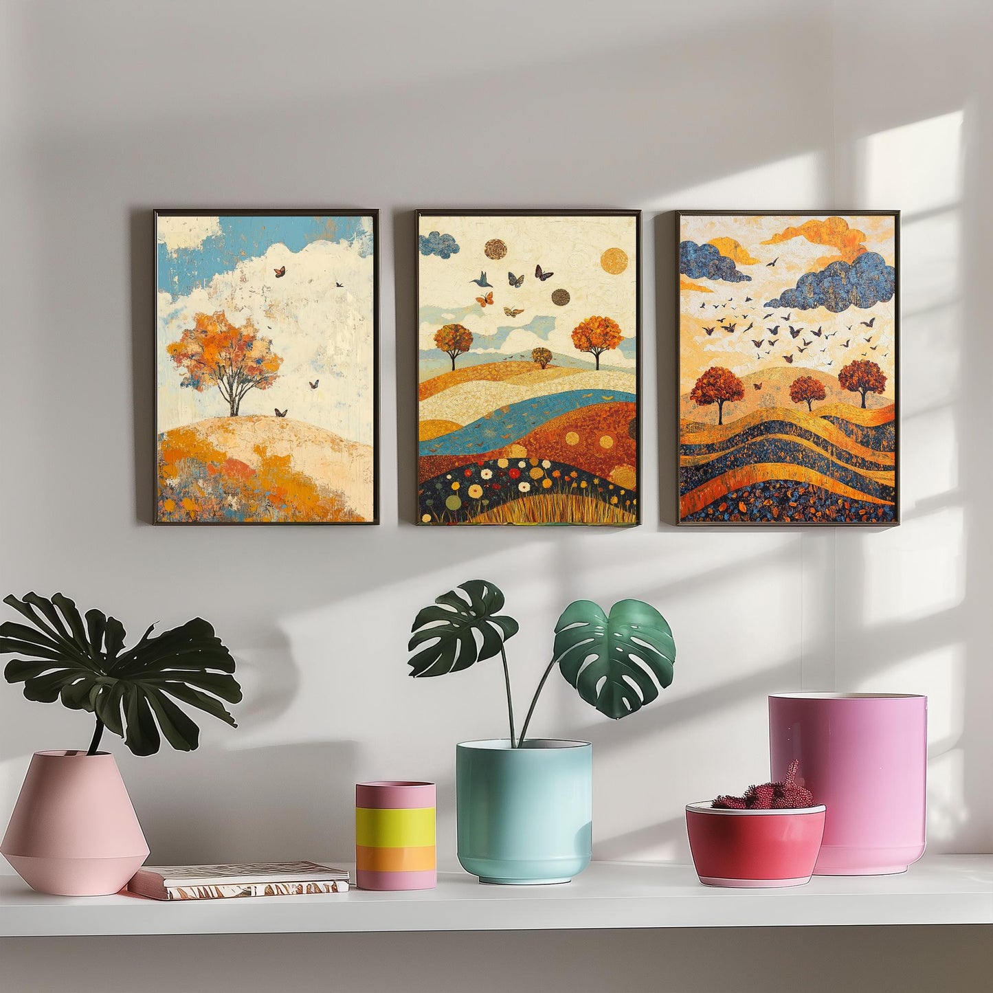 Rolling Hills Butterfly Set of Three Art Prints - Lapis Chestnut and Cream - Folk Meadow Poster Illustration Gift
