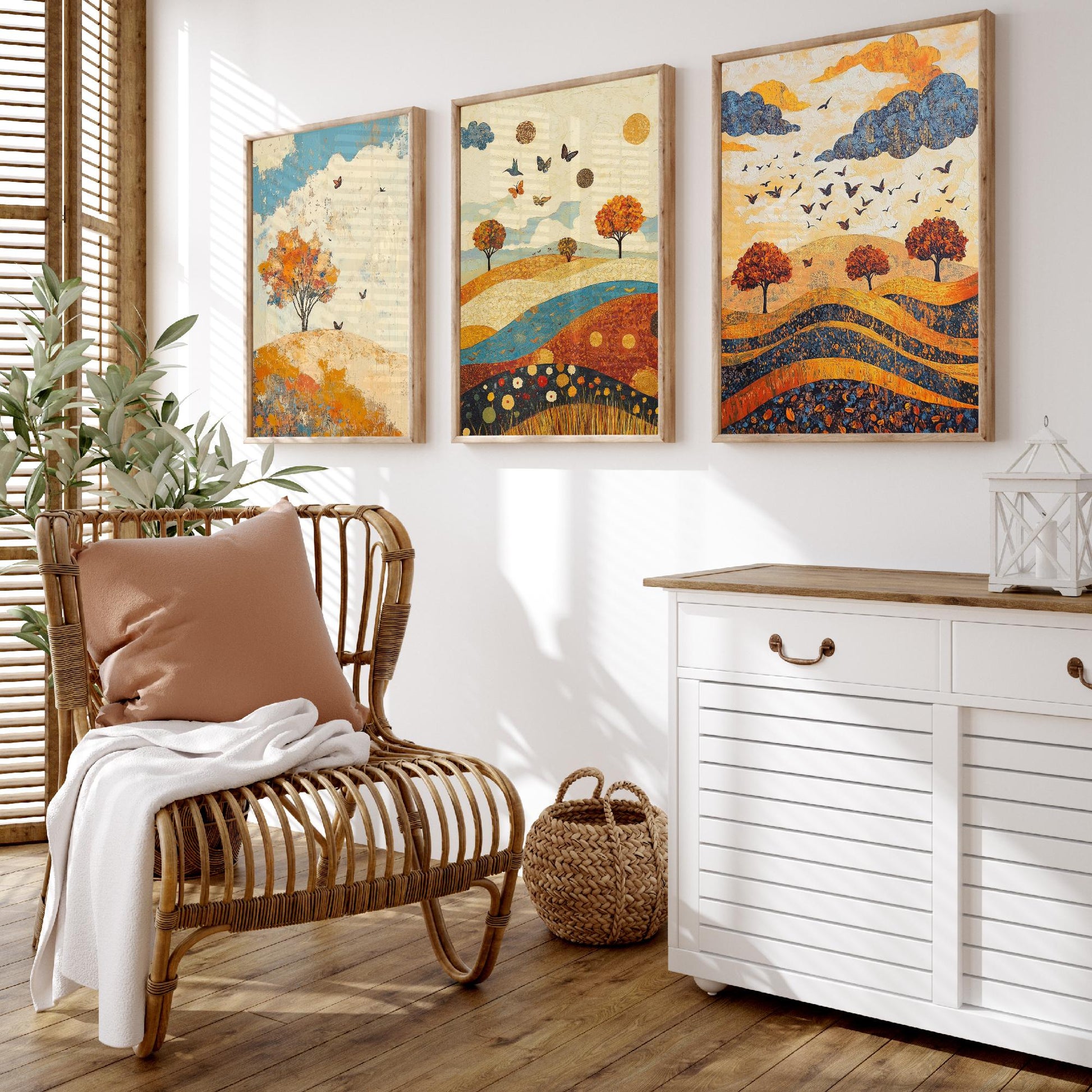 Rolling Hills Butterfly Set of Three Art Prints - Lapis Chestnut and Cream - Folk Meadow Poster Illustration Gift