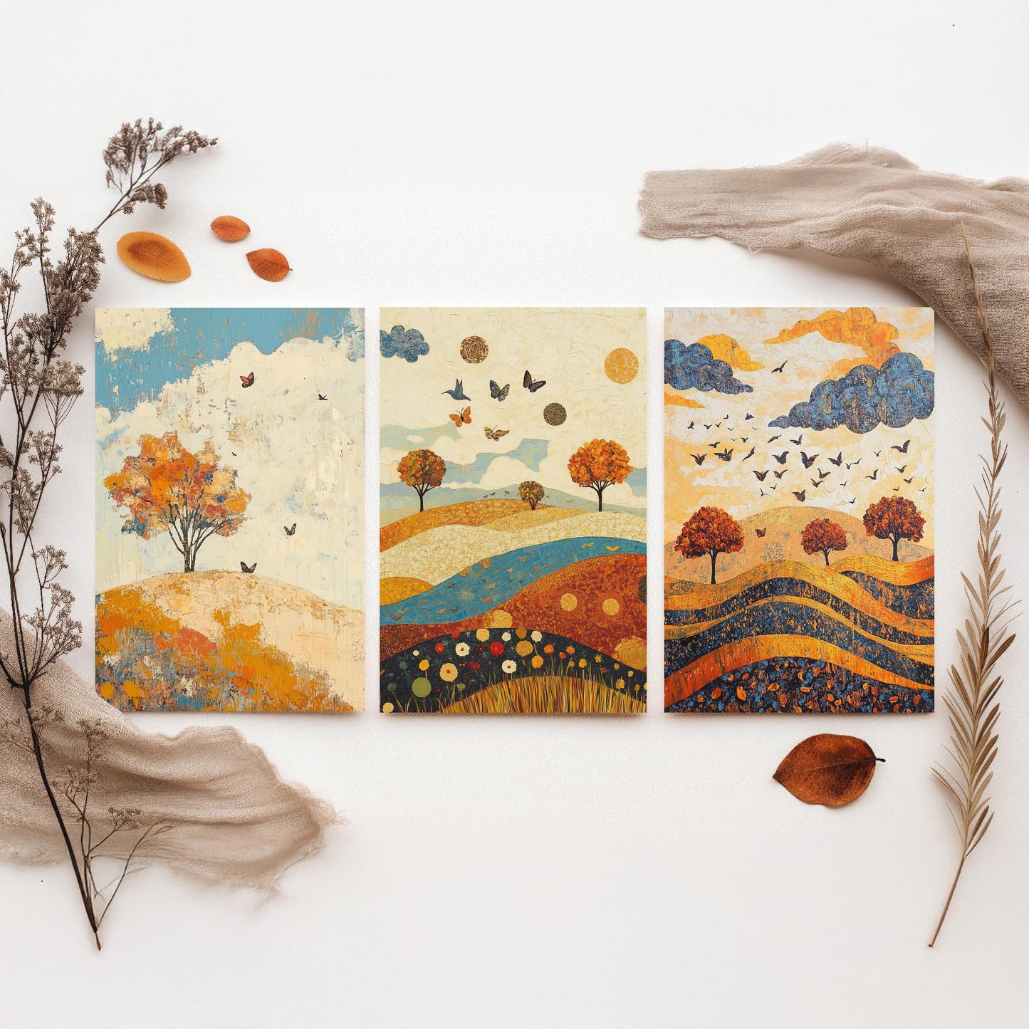 Rolling Hills Butterfly Set of Three Art Prints - Lapis Chestnut and Cream - Folk Meadow Poster Illustration Gift