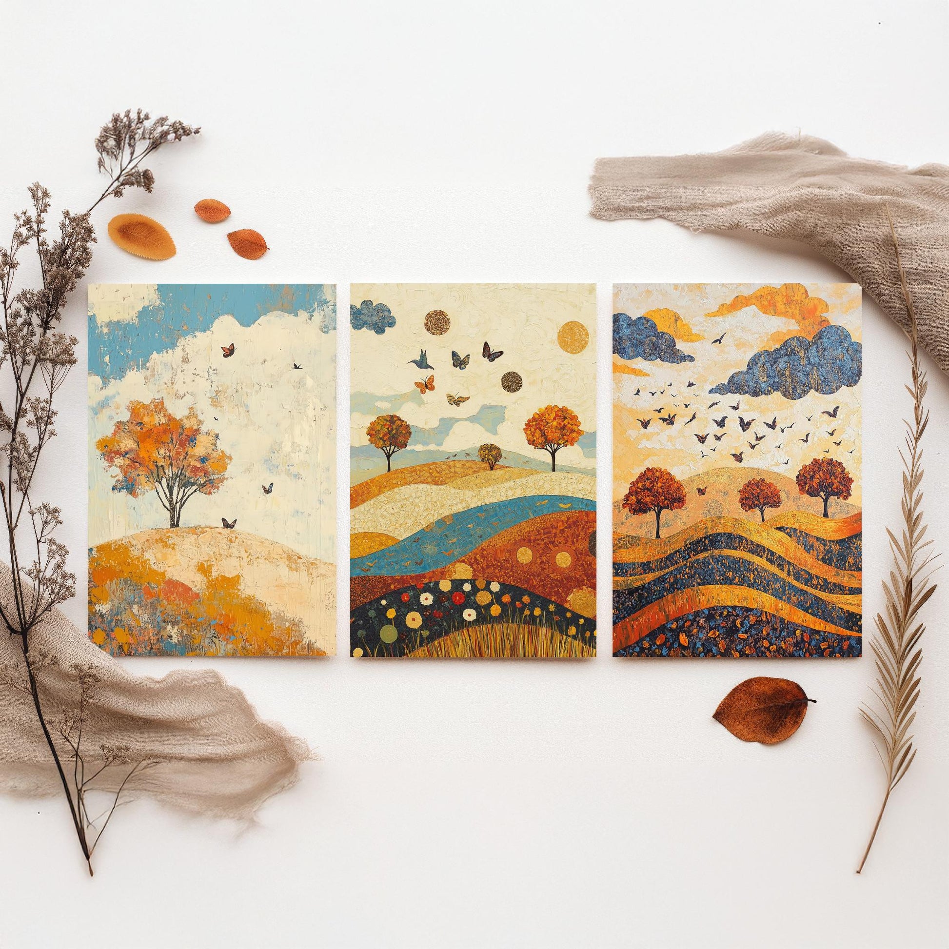 Rolling Hills Butterfly Set of Three Art Prints - Lapis Chestnut and Cream - Folk Meadow Poster Illustration Gift