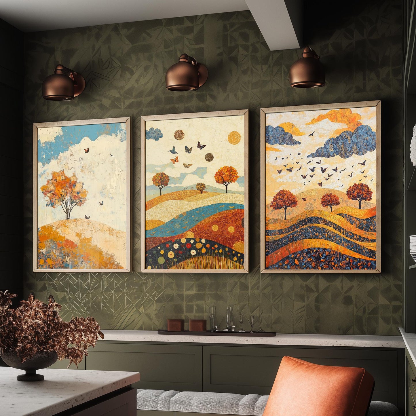 Rolling Hills Butterfly Set of Three Art Prints - Lapis Chestnut and Cream - Folk Meadow Poster Illustration Gift