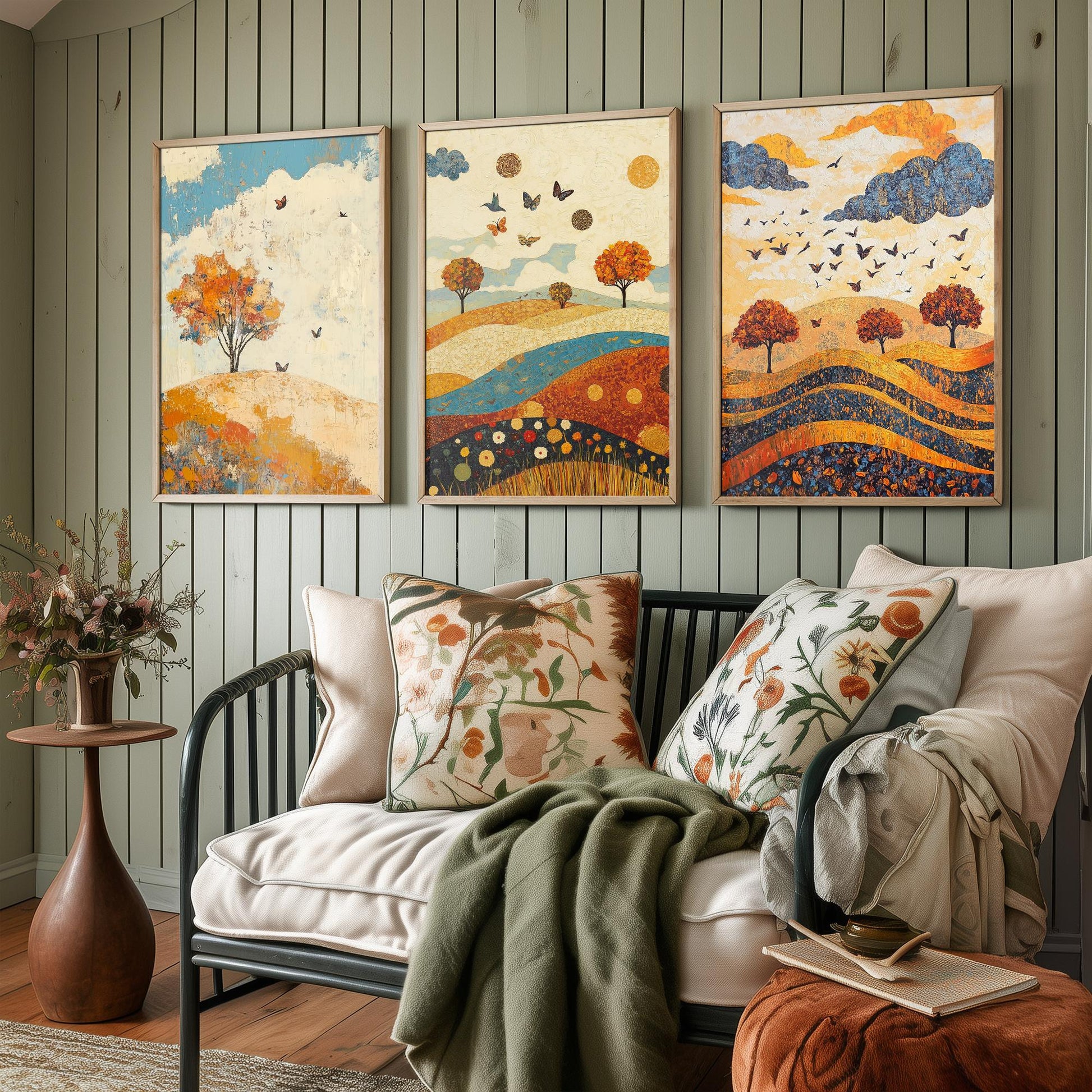 Rolling Hills Butterfly Set of Three Art Prints - Lapis Chestnut and Cream - Folk Meadow Poster Illustration Gift