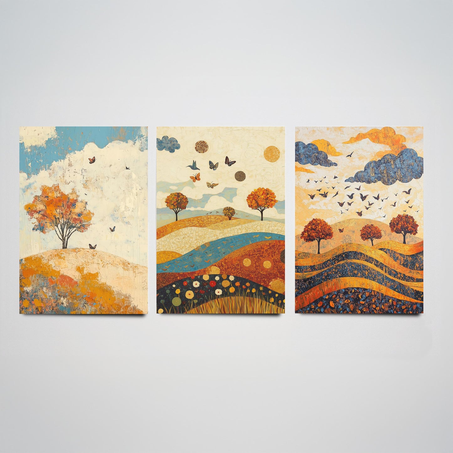 Rolling Hills Butterfly Set of Three Art Prints - Lapis Chestnut and Cream - Folk Meadow Poster Illustration Gift