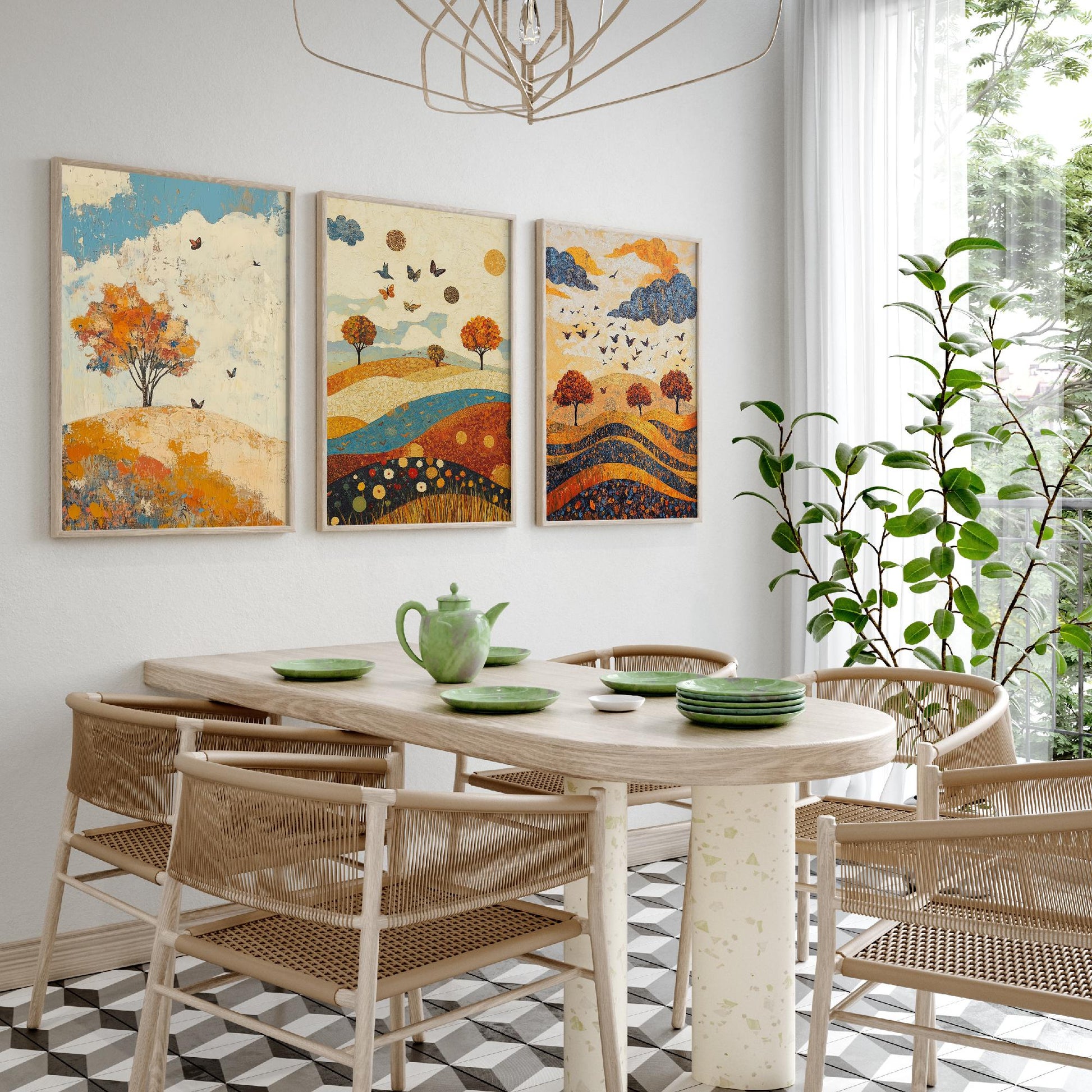 Rolling Hills Butterfly Set of Three Art Prints - Lapis Chestnut and Cream - Folk Meadow Poster Illustration Gift
