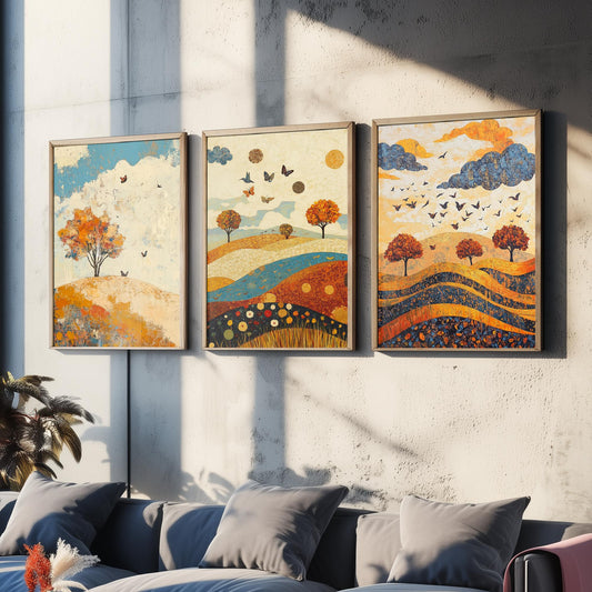 Rolling Hills Butterfly Set of Three Art Prints - Lapis Chestnut and Cream - Folk Meadow Poster Illustration Gift
