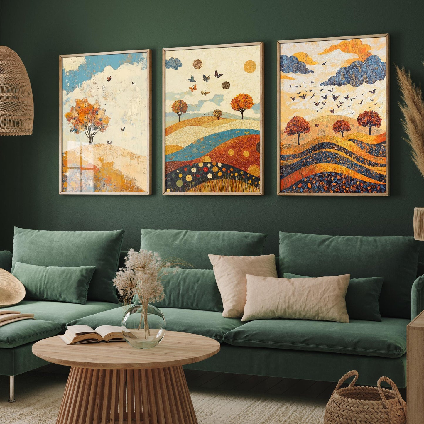 Rolling Hills Butterfly Set of Three Art Prints - Lapis Chestnut and Cream - Folk Meadow Poster Illustration Gift