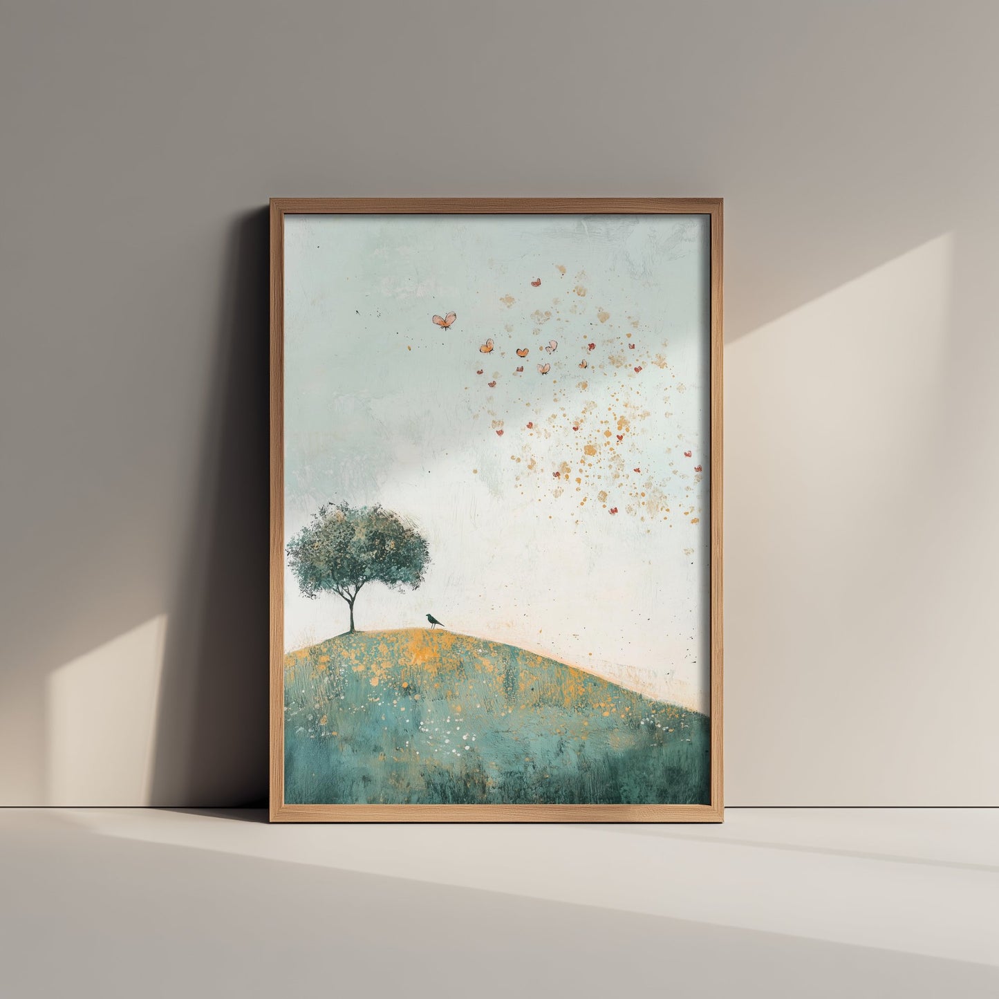 Rolling Hills Landscape Art Print - Butterfly Meadow Poster - Folk Art Painting - Marzipan Teal and Fog 1/3