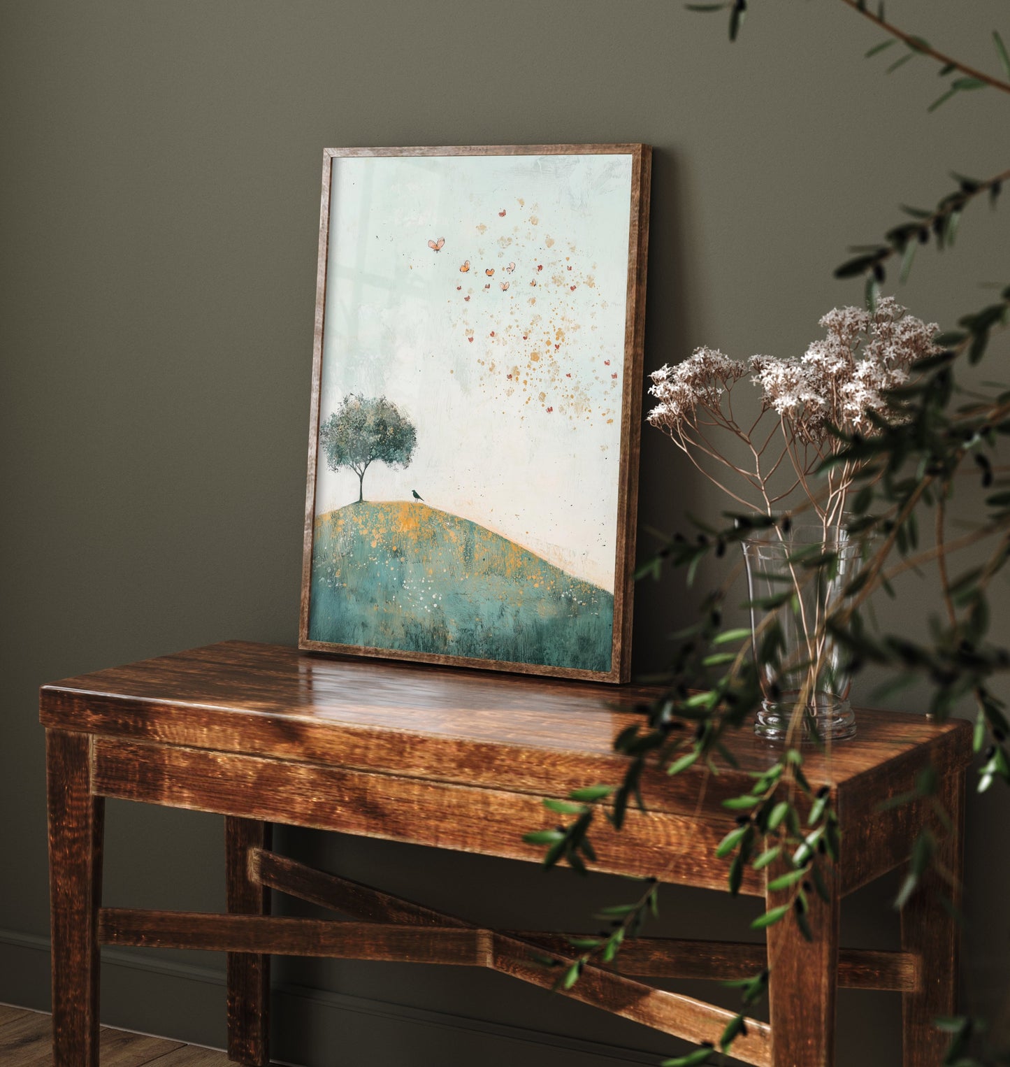Rolling Hills Landscape Art Print - Butterfly Meadow Poster - Folk Art Painting - Marzipan Teal and Fog 1/3