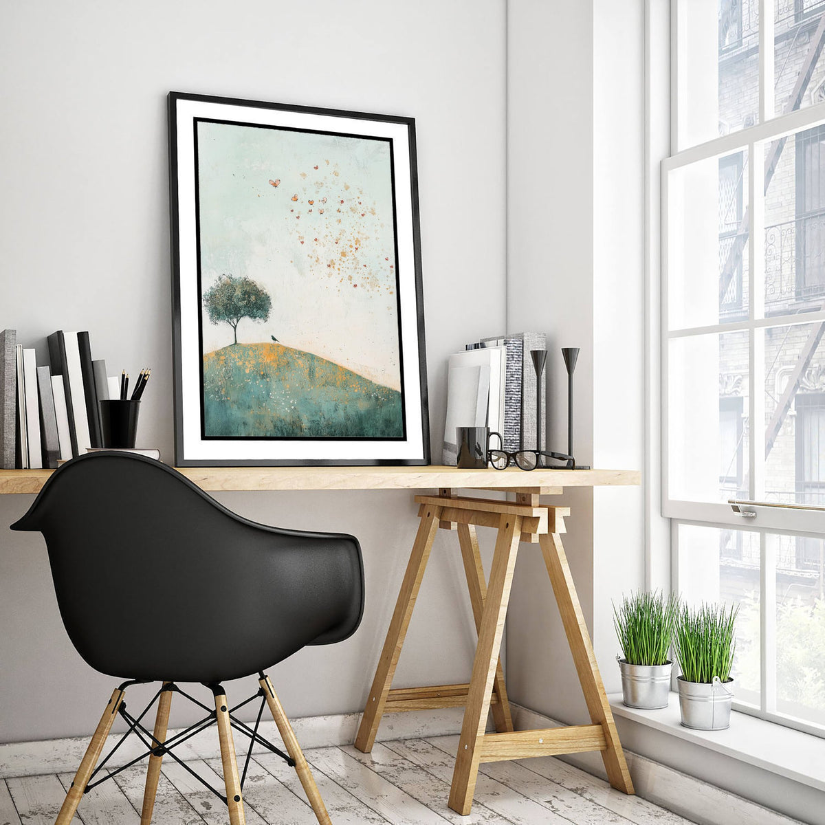 Rolling Hills Landscape Art Print - Butterfly Meadow Poster - Folk Art Painting - Marzipan Teal and Fog 1/3