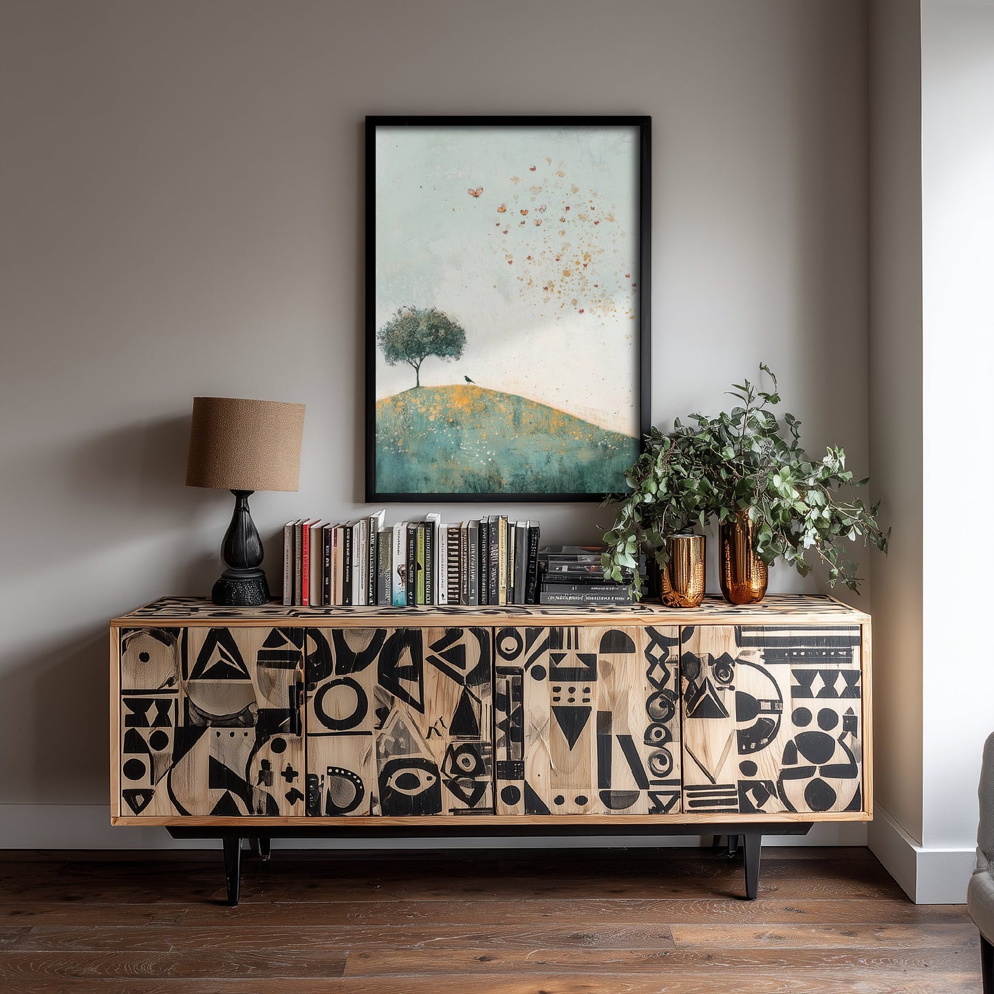 Rolling Hills Landscape Art Print - Butterfly Meadow Poster - Folk Art Painting - Marzipan Teal and Fog 1/3