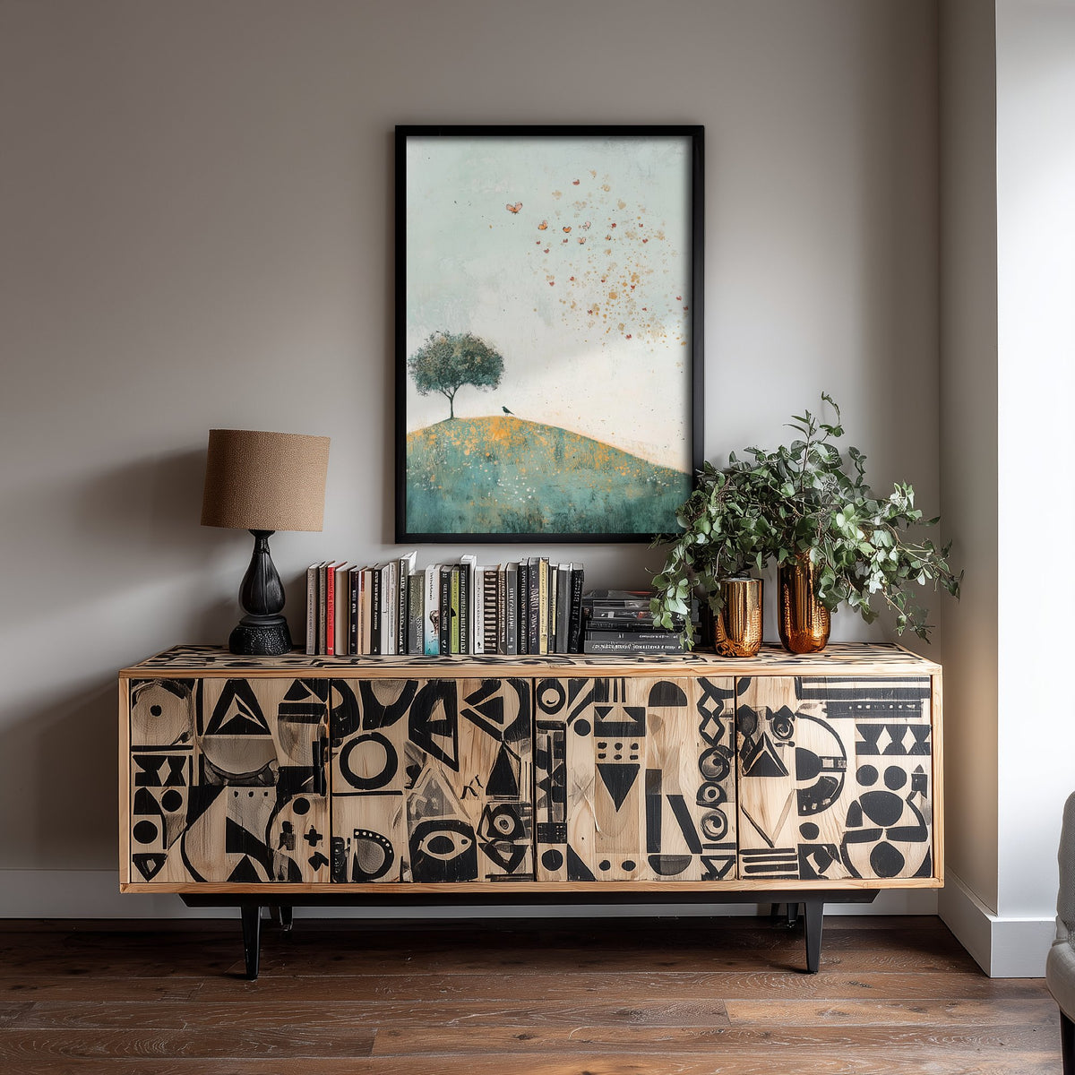 Rolling Hills Landscape Art Print - Butterfly Meadow Poster - Folk Art Painting - Marzipan Teal and Fog 1/3