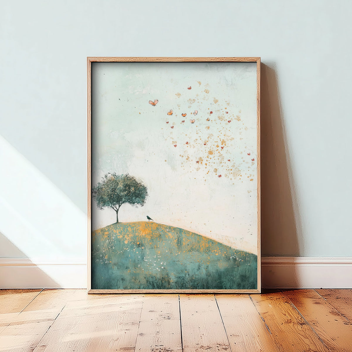 Rolling Hills Landscape Art Print - Butterfly Meadow Poster - Folk Art Painting - Marzipan Teal and Fog 1/3