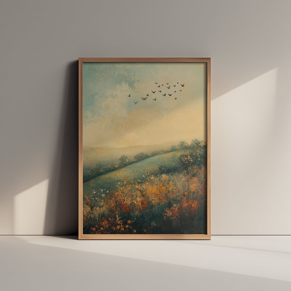 Rolling Hills Landscape Art Print - Butterfly Meadow Poster - Folk Art Painting - Marzipan Teal and Fog 2/3