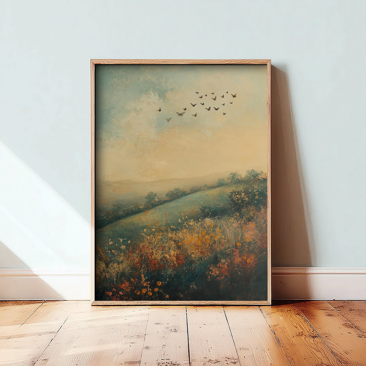 Rolling Hills Landscape Art Print - Butterfly Meadow Poster - Folk Art Painting - Marzipan Teal and Fog 2/3