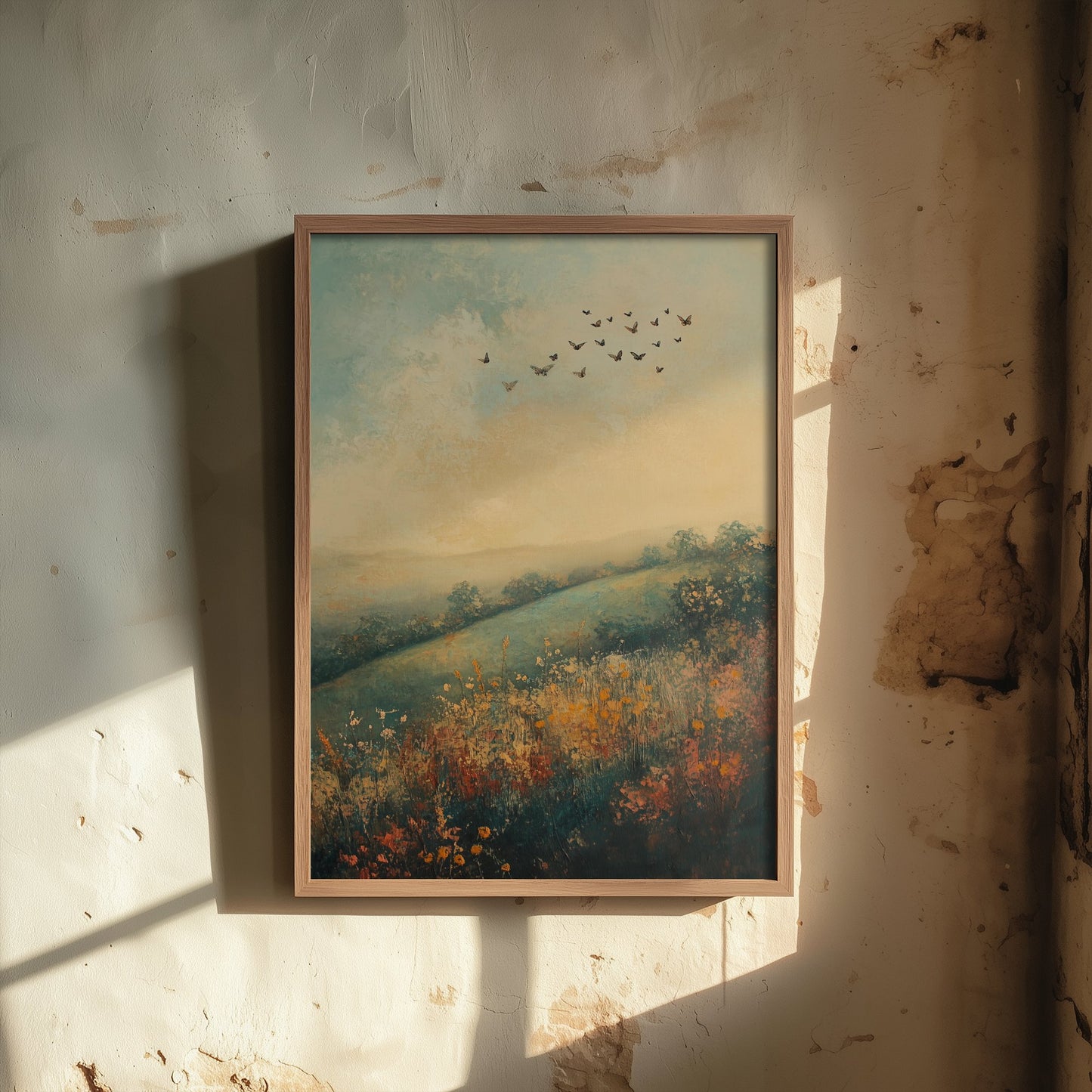 Rolling Hills Landscape Art Print - Butterfly Meadow Poster - Folk Art Painting - Marzipan Teal and Fog 2/3