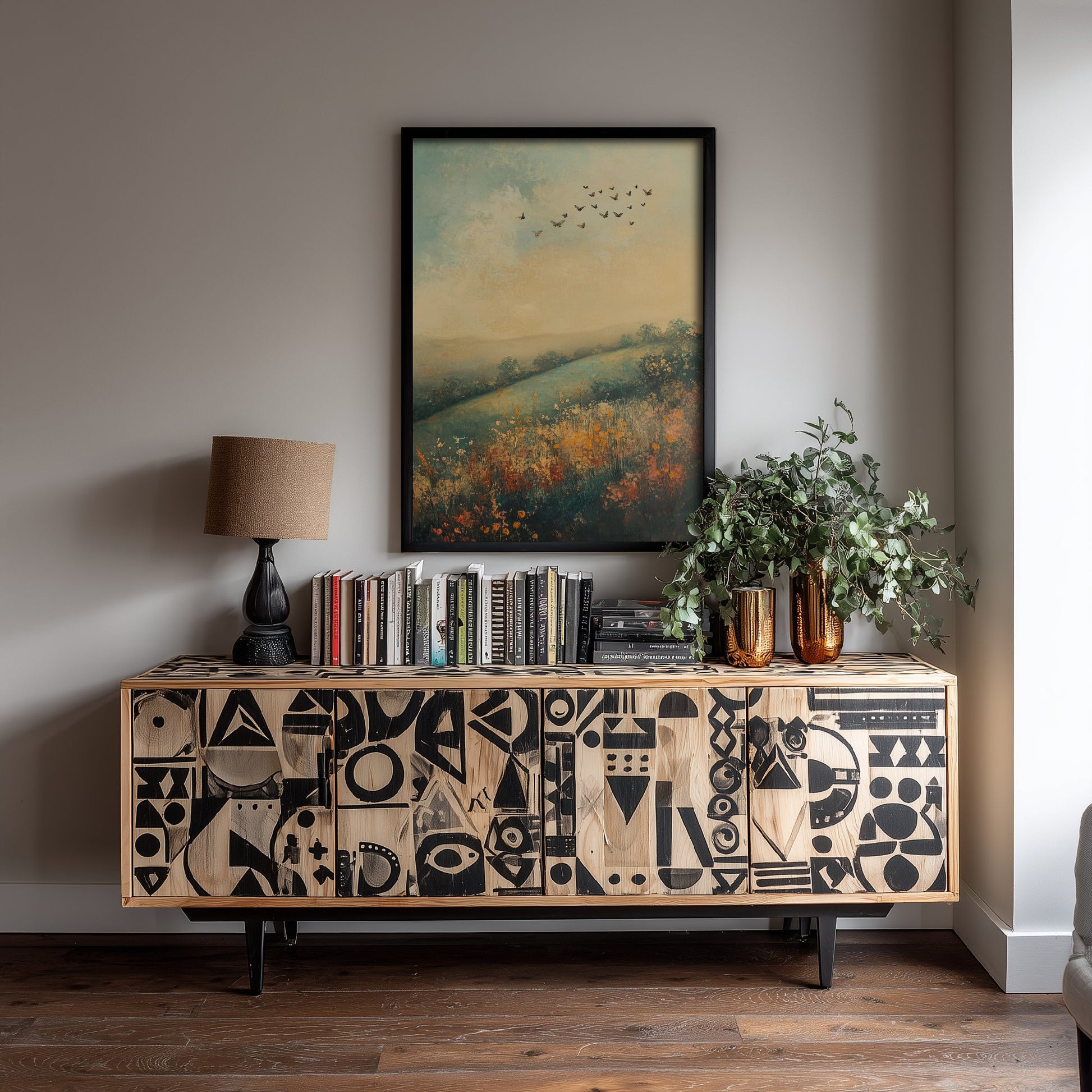 Rolling Hills Landscape Art Print - Butterfly Meadow Poster - Folk Art Painting - Marzipan Teal and Fog 2/3
