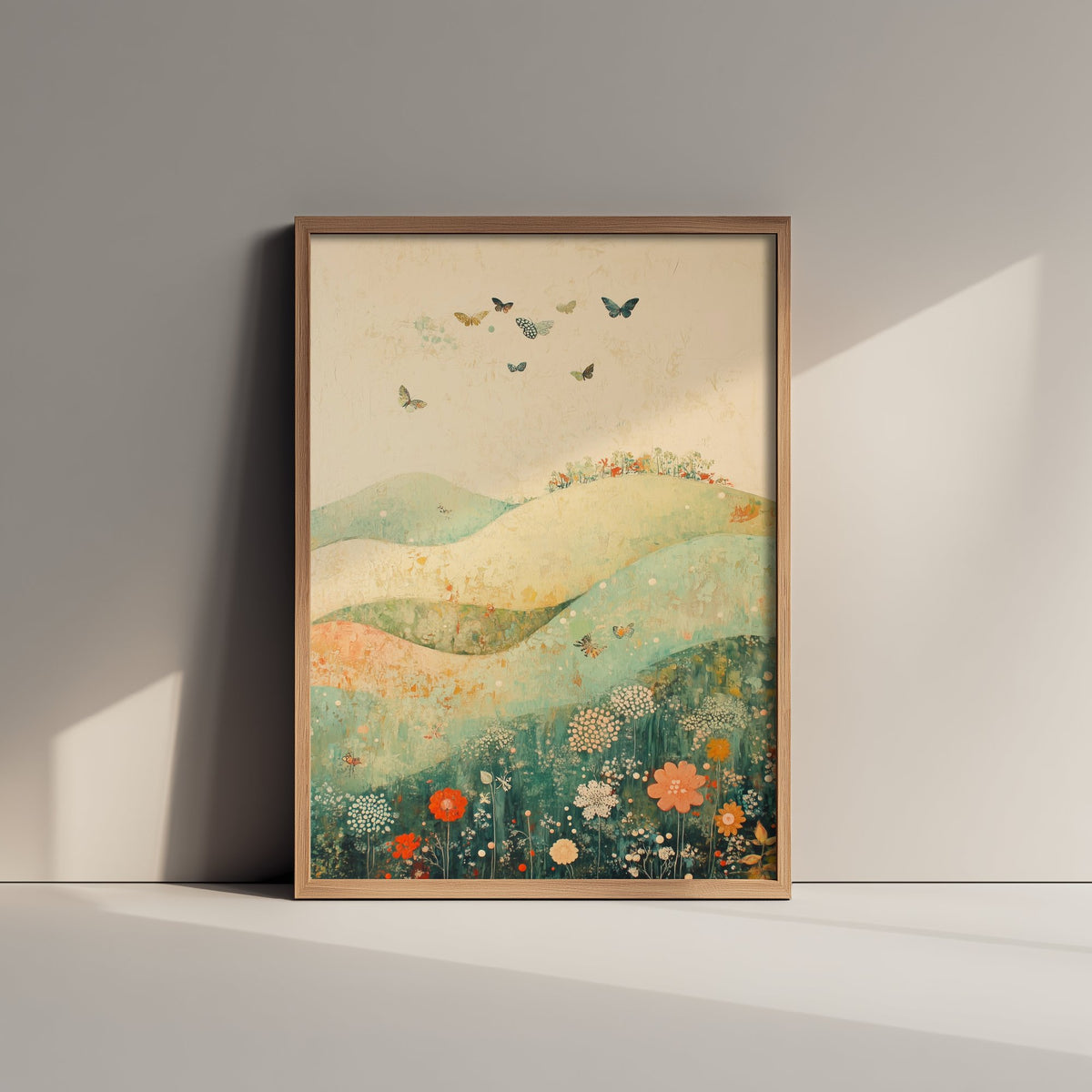 Rolling Hills Landscape Art Print - Butterfly Meadow Poster - Folk Art Painting - Marzipan Teal and Fog 3/3
