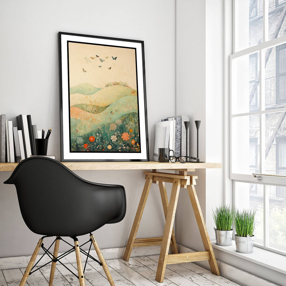 Rolling Hills Landscape Art Print - Butterfly Meadow Poster - Folk Art Painting - Marzipan Teal and Fog 3/3
