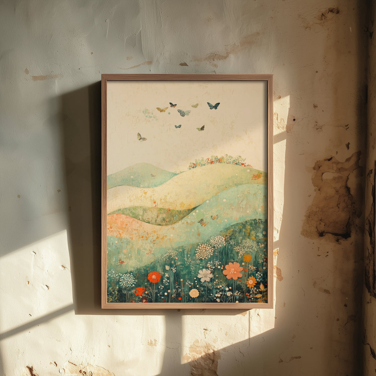 Rolling Hills Landscape Art Print - Butterfly Meadow Poster - Folk Art Painting - Marzipan Teal and Fog 3/3