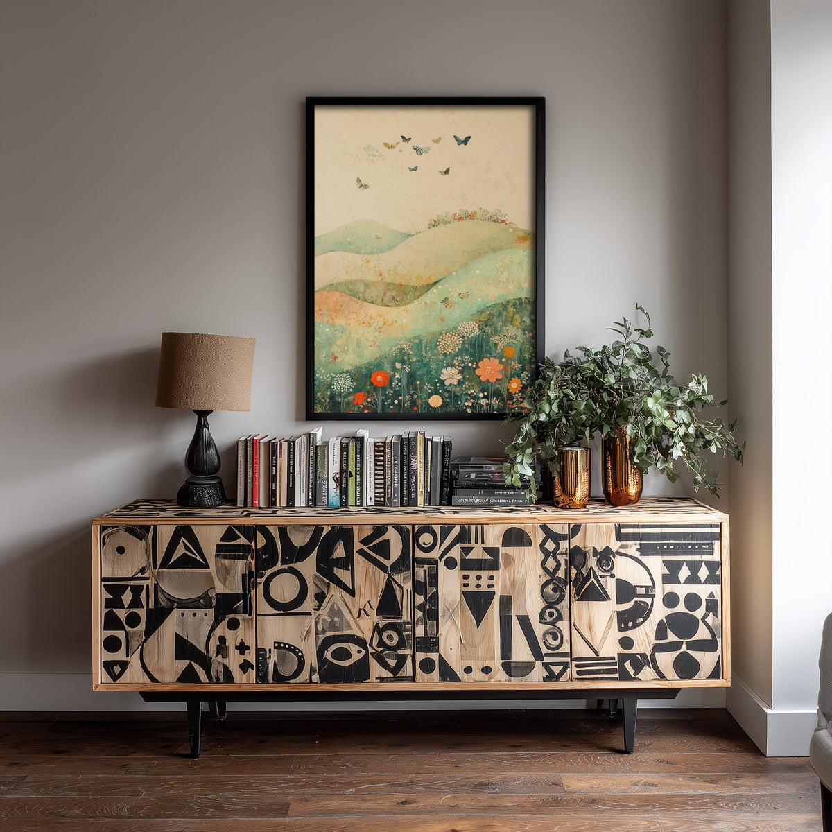 Rolling Hills Landscape Art Print - Butterfly Meadow Poster - Folk Art Painting - Marzipan Teal and Fog 3/3