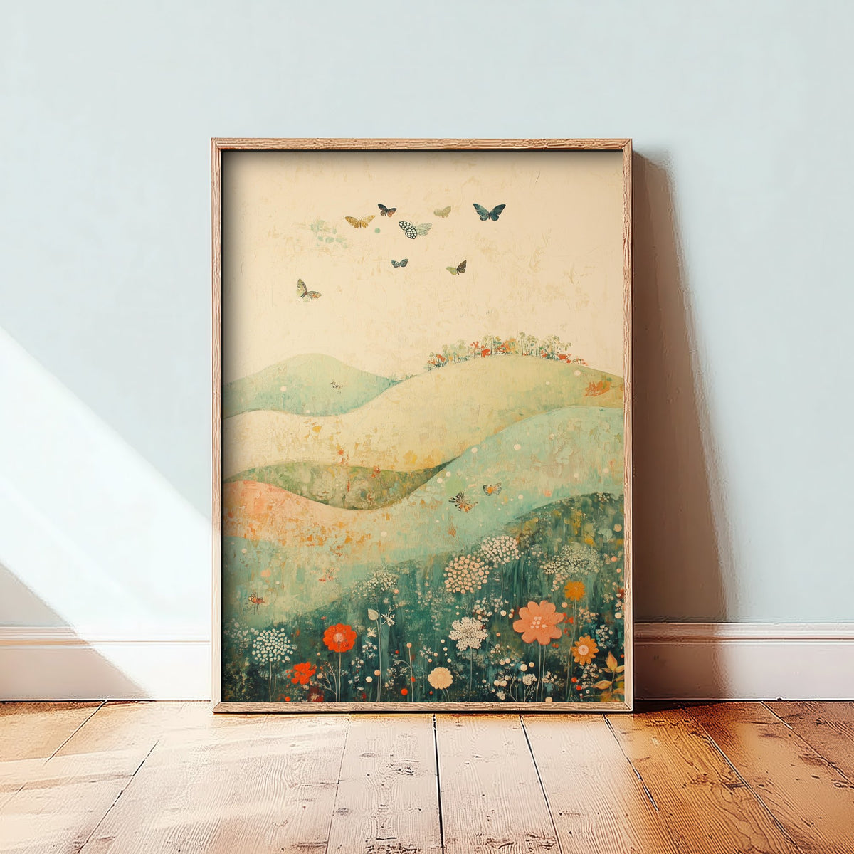 Rolling Hills Landscape Art Print - Butterfly Meadow Poster - Folk Art Painting - Marzipan Teal and Fog 3/3