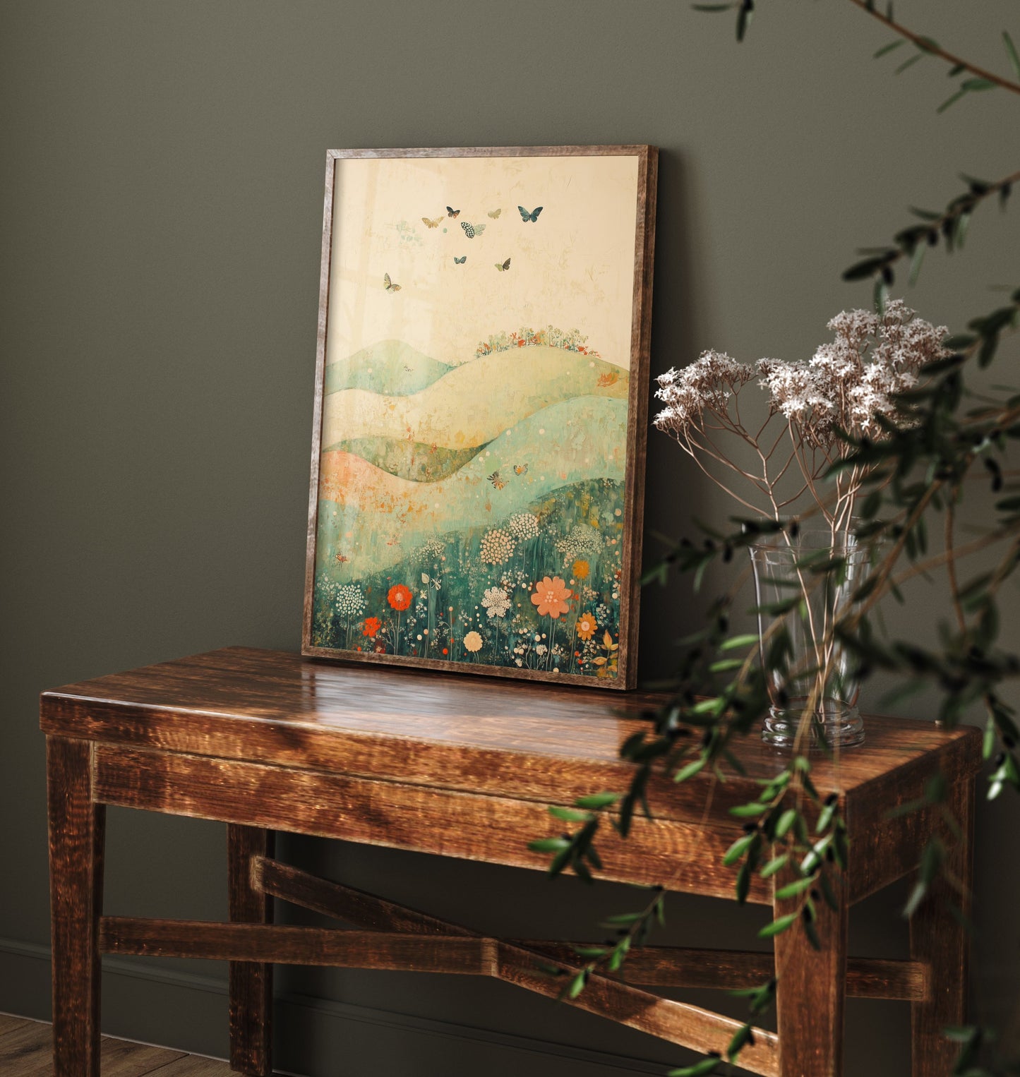 Rolling Hills Landscape Art Print - Butterfly Meadow Poster - Folk Art Painting - Marzipan Teal and Fog 3/3