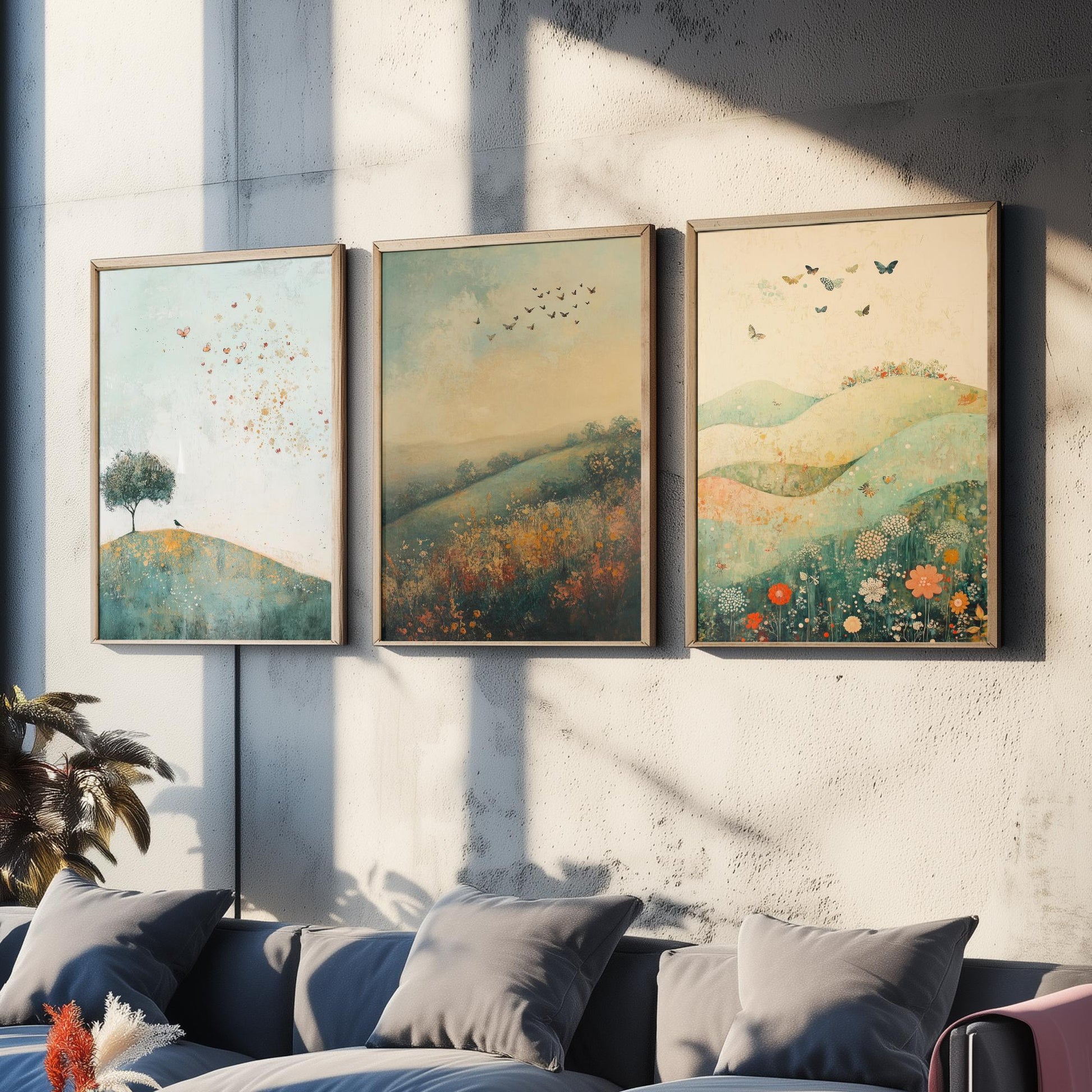 Rolling Hills Butterfly Set of Three Art Prints - Marzipan Teal and Fog - Folk Meadow Poster Illustration Gift