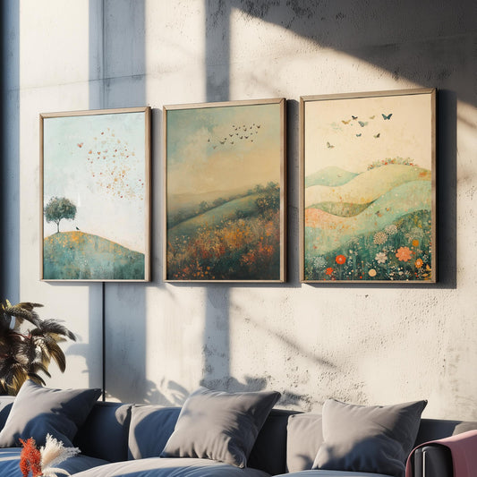 Rolling Hills Butterfly Set of Three Art Prints - Marzipan Teal and Fog - Folk Meadow Poster Illustration Gift