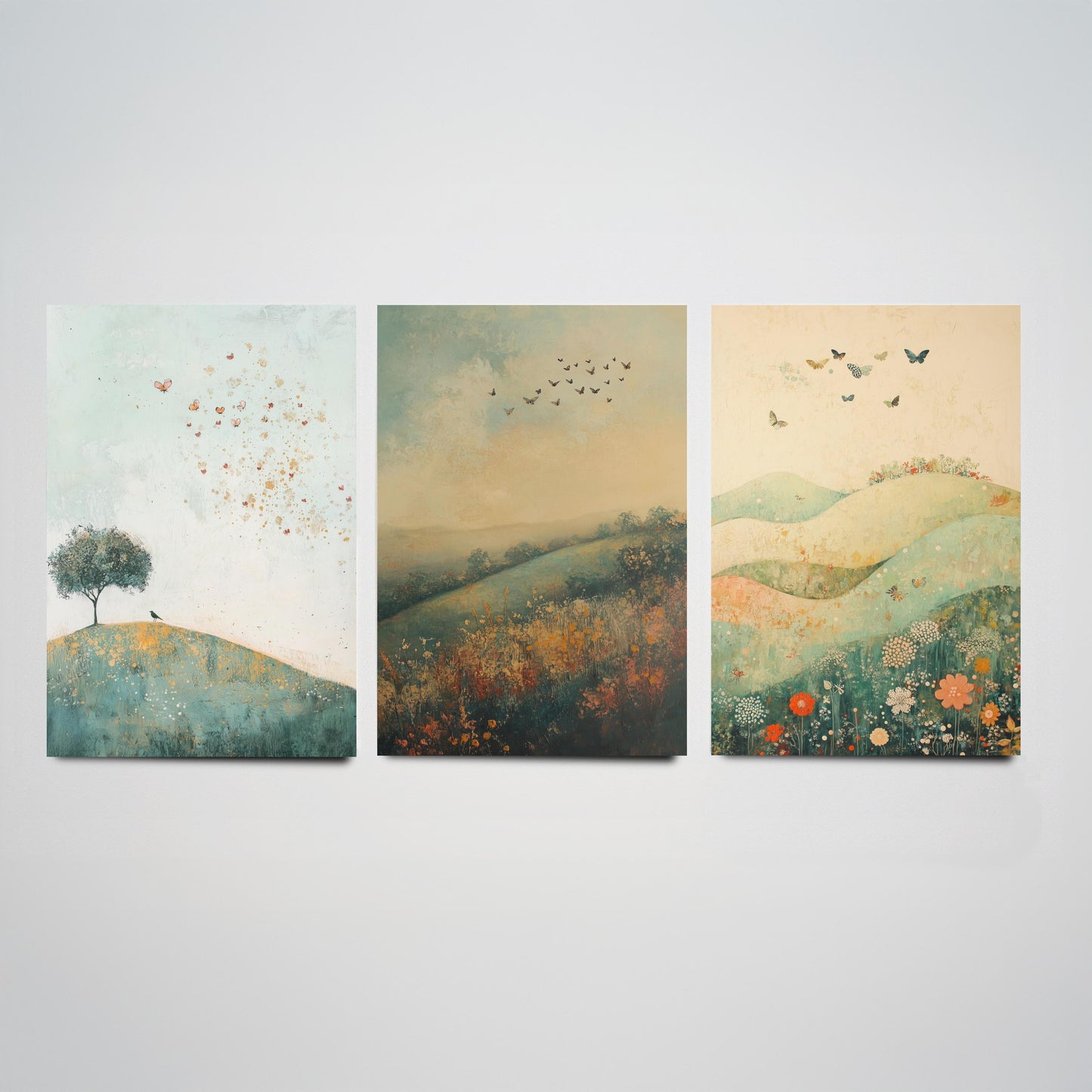 Rolling Hills Butterfly Set of Three Art Prints - Marzipan Teal and Fog - Folk Meadow Poster Illustration Gift