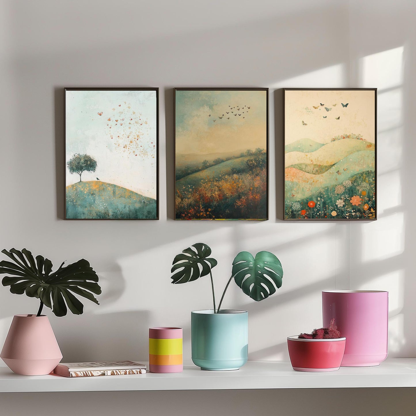 Rolling Hills Butterfly Set of Three Art Prints - Marzipan Teal and Fog - Folk Meadow Poster Illustration Gift