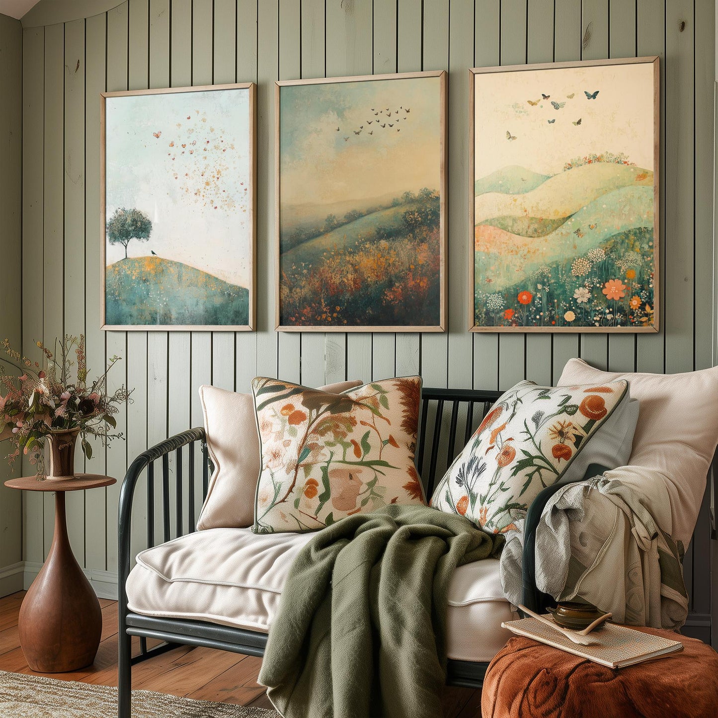 Rolling Hills Butterfly Set of Three Art Prints - Marzipan Teal and Fog - Folk Meadow Poster Illustration Gift