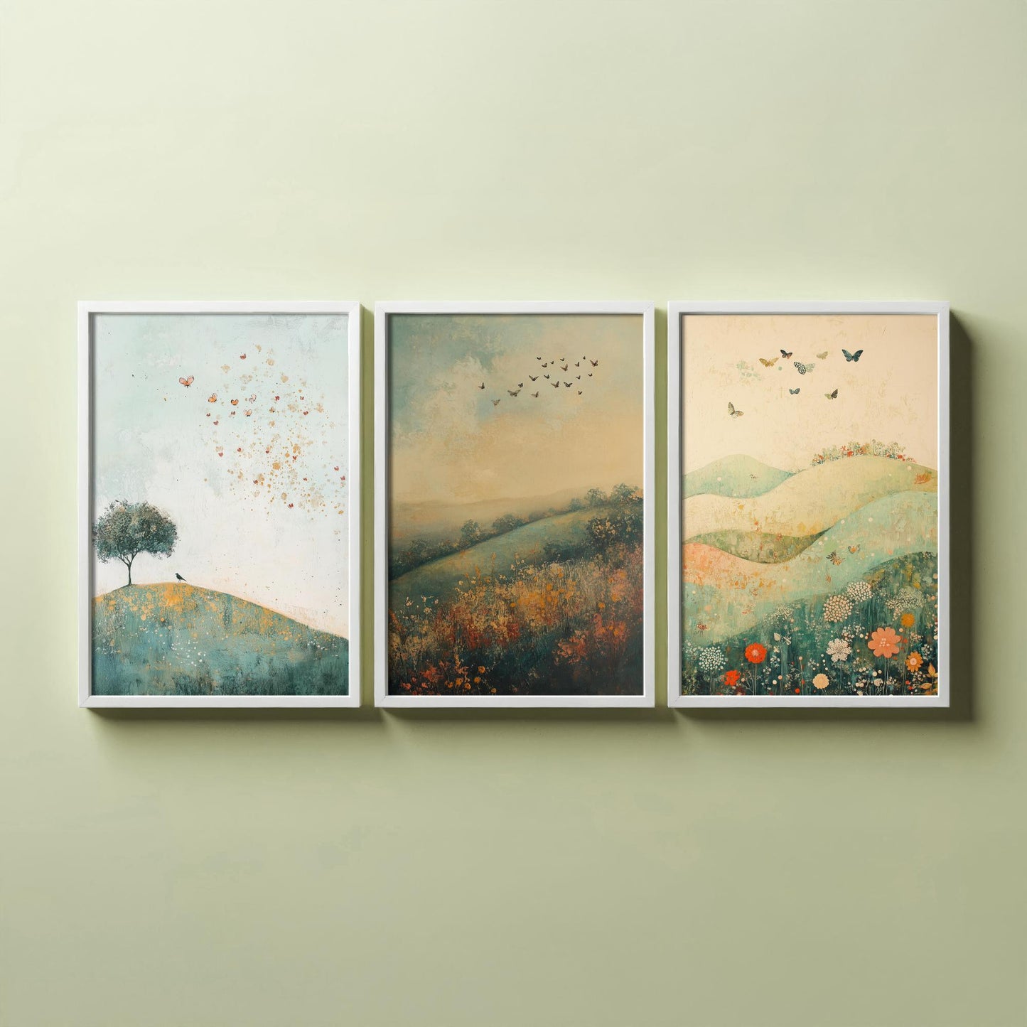 Rolling Hills Butterfly Set of Three Art Prints - Marzipan Teal and Fog - Folk Meadow Poster Illustration Gift