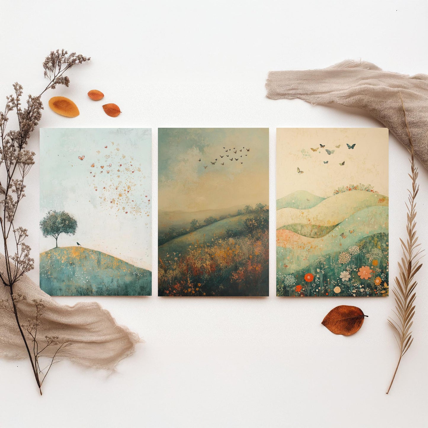 Rolling Hills Butterfly Set of Three Art Prints - Marzipan Teal and Fog - Folk Meadow Poster Illustration Gift