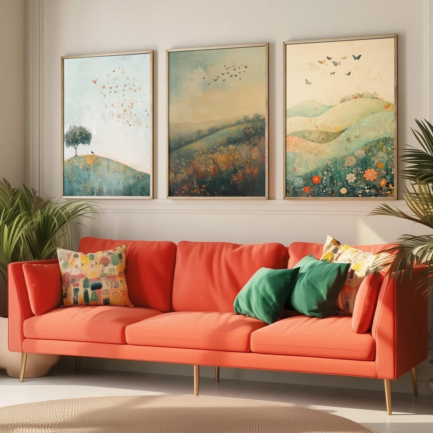 Rolling Hills Butterfly Set of Three Art Prints - Marzipan Teal and Fog - Folk Meadow Poster Illustration Gift