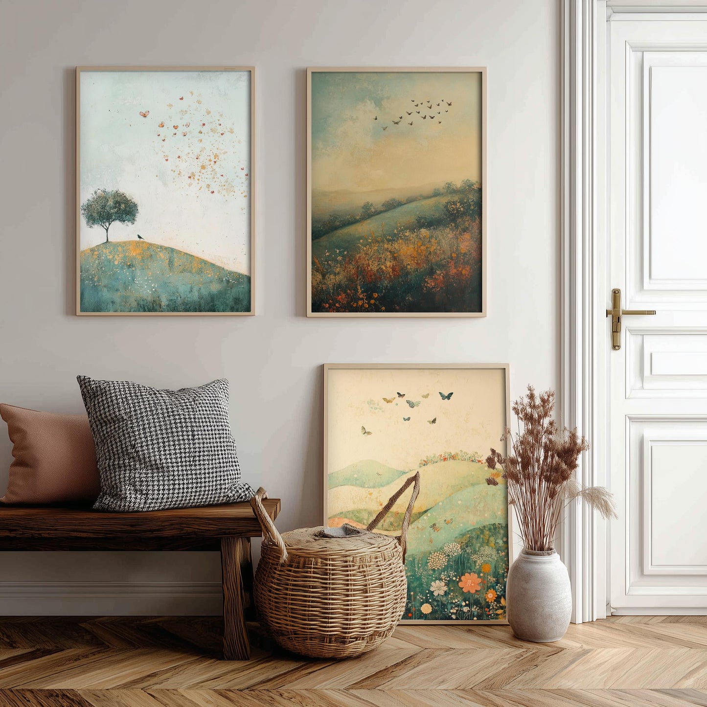 Rolling Hills Butterfly Set of Three Art Prints - Marzipan Teal and Fog - Folk Meadow Poster Illustration Gift