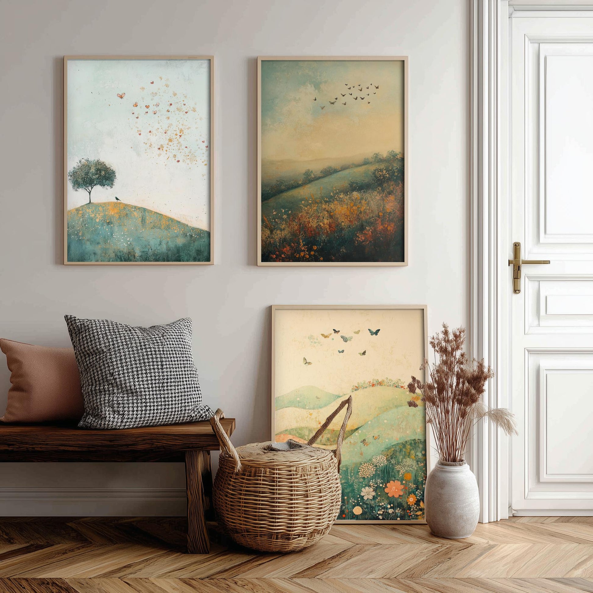 Rolling Hills Butterfly Set of Three Art Prints - Marzipan Teal and Fog - Folk Meadow Poster Illustration Gift