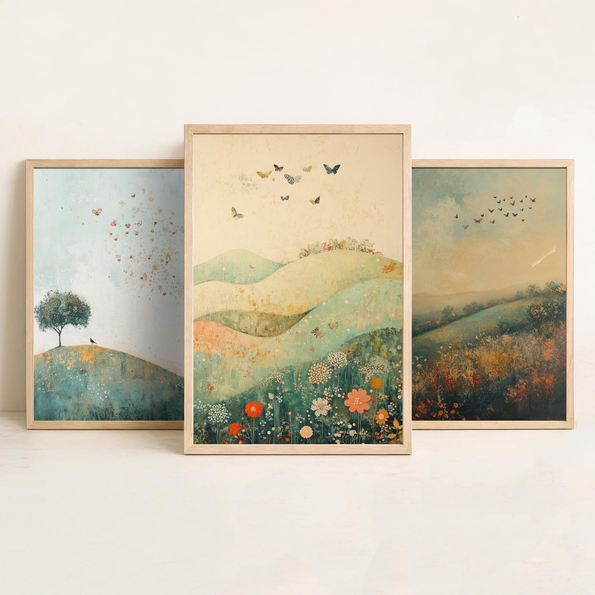Rolling Hills Butterfly Set of Three Art Prints - Marzipan Teal and Fog - Folk Meadow Poster Illustration Gift