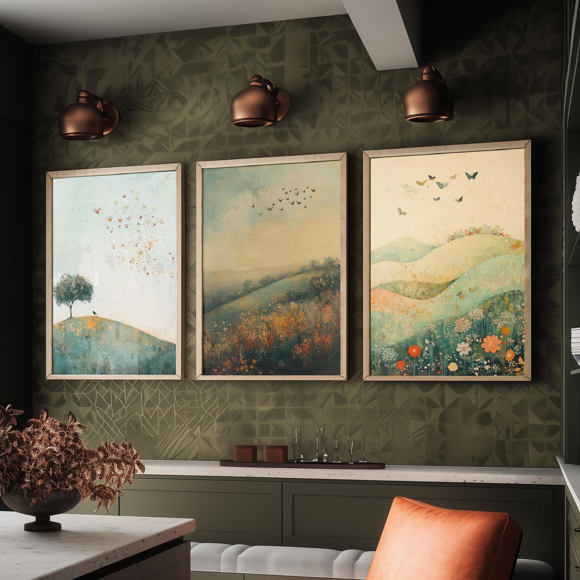 Rolling Hills Butterfly Set of Three Art Prints - Marzipan Teal and Fog - Folk Meadow Poster Illustration Gift