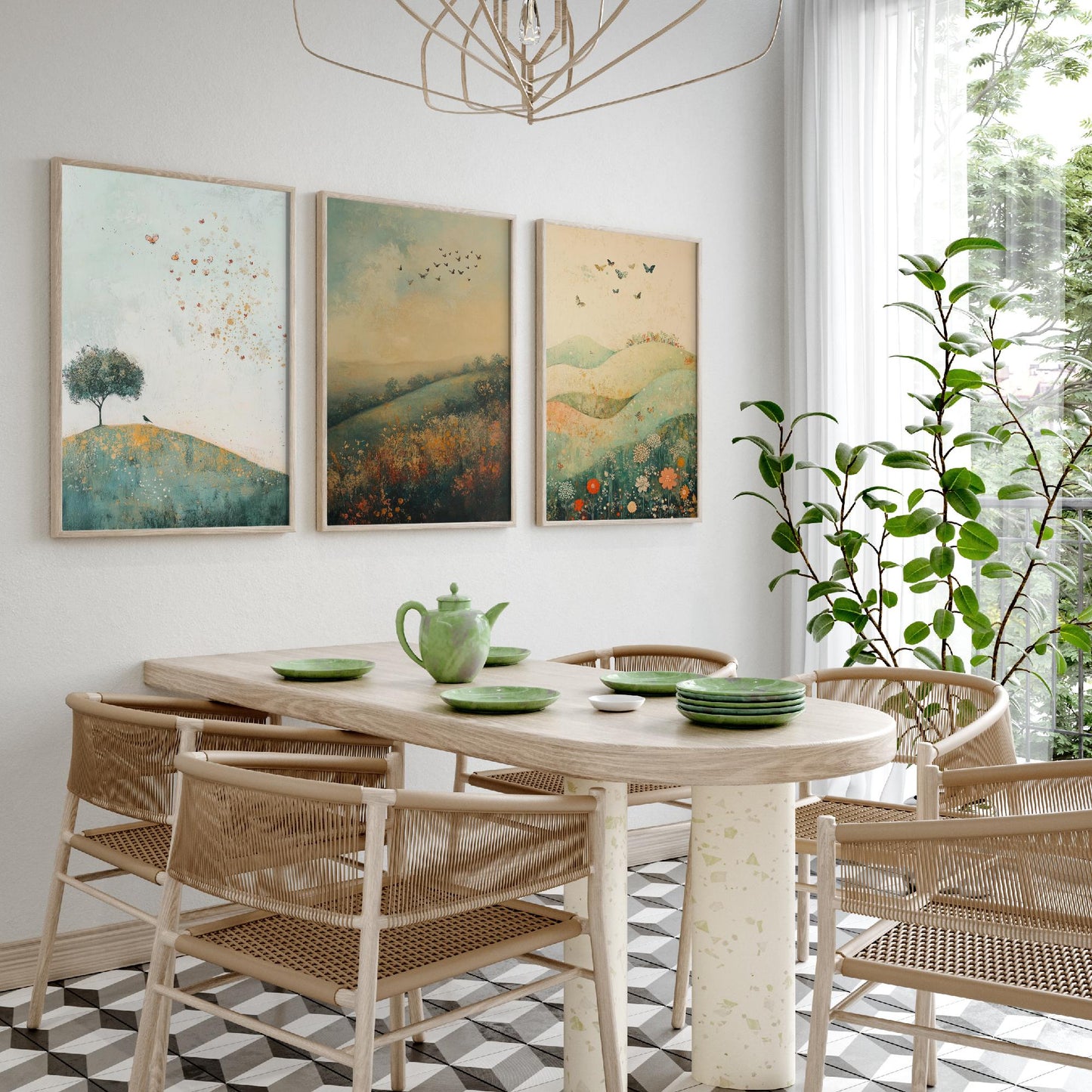 Rolling Hills Butterfly Set of Three Art Prints - Marzipan Teal and Fog - Folk Meadow Poster Illustration Gift
