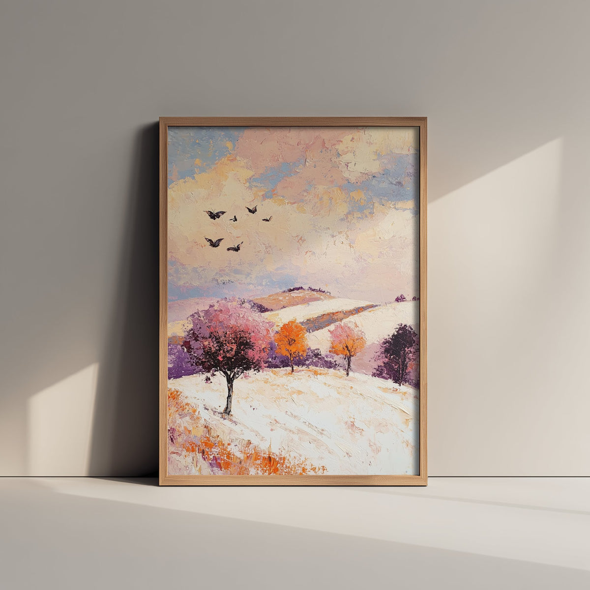 Rolling Hills Landscape Art Print - Butterfly Meadow Poster - Folk Art Painting - Mauve Bronze and Snow 1/3