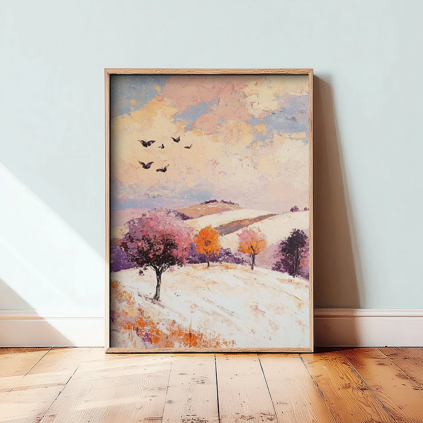 Rolling Hills Landscape Art Print - Butterfly Meadow Poster - Folk Art Painting - Mauve Bronze and Snow 1/3