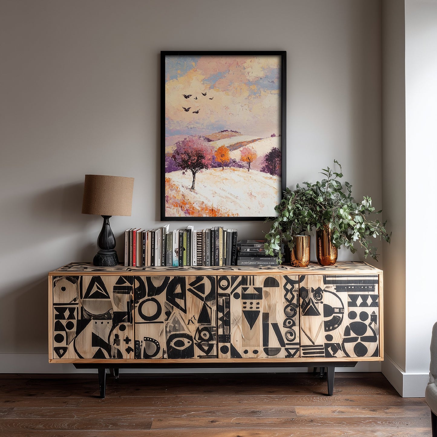 Rolling Hills Landscape Art Print - Butterfly Meadow Poster - Folk Art Painting - Mauve Bronze and Snow 1/3