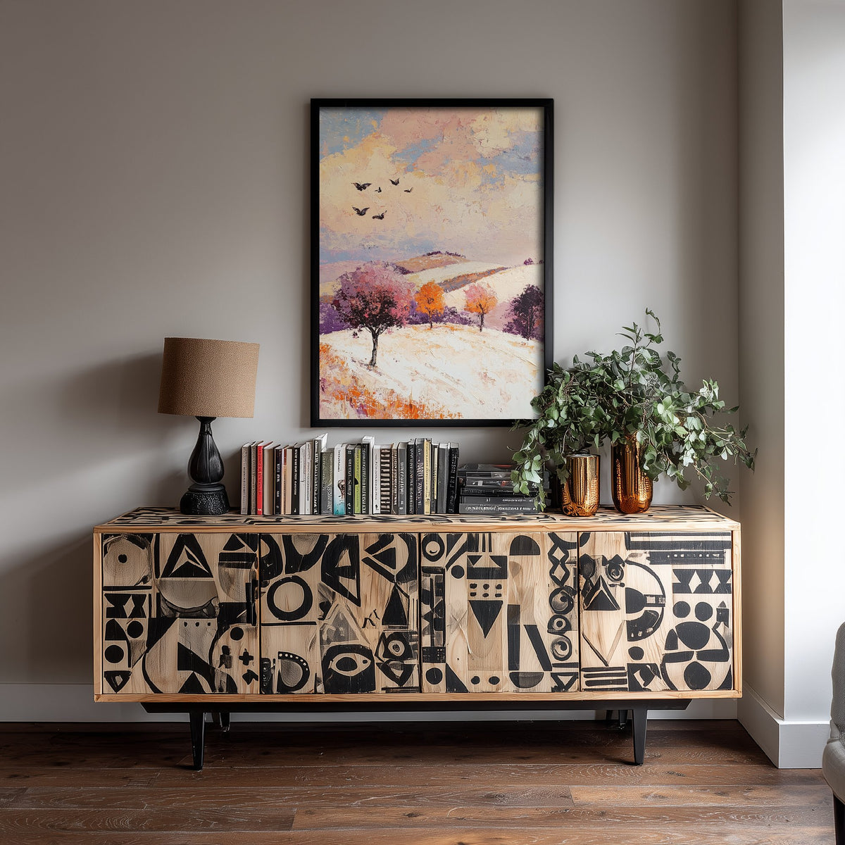 Rolling Hills Landscape Art Print - Butterfly Meadow Poster - Folk Art Painting - Mauve Bronze and Snow 1/3