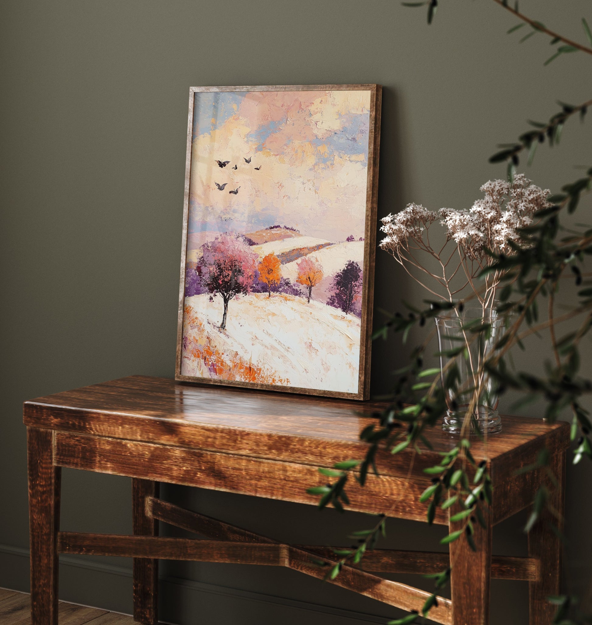 Rolling Hills Landscape Art Print - Butterfly Meadow Poster - Folk Art Painting - Mauve Bronze and Snow 1/3