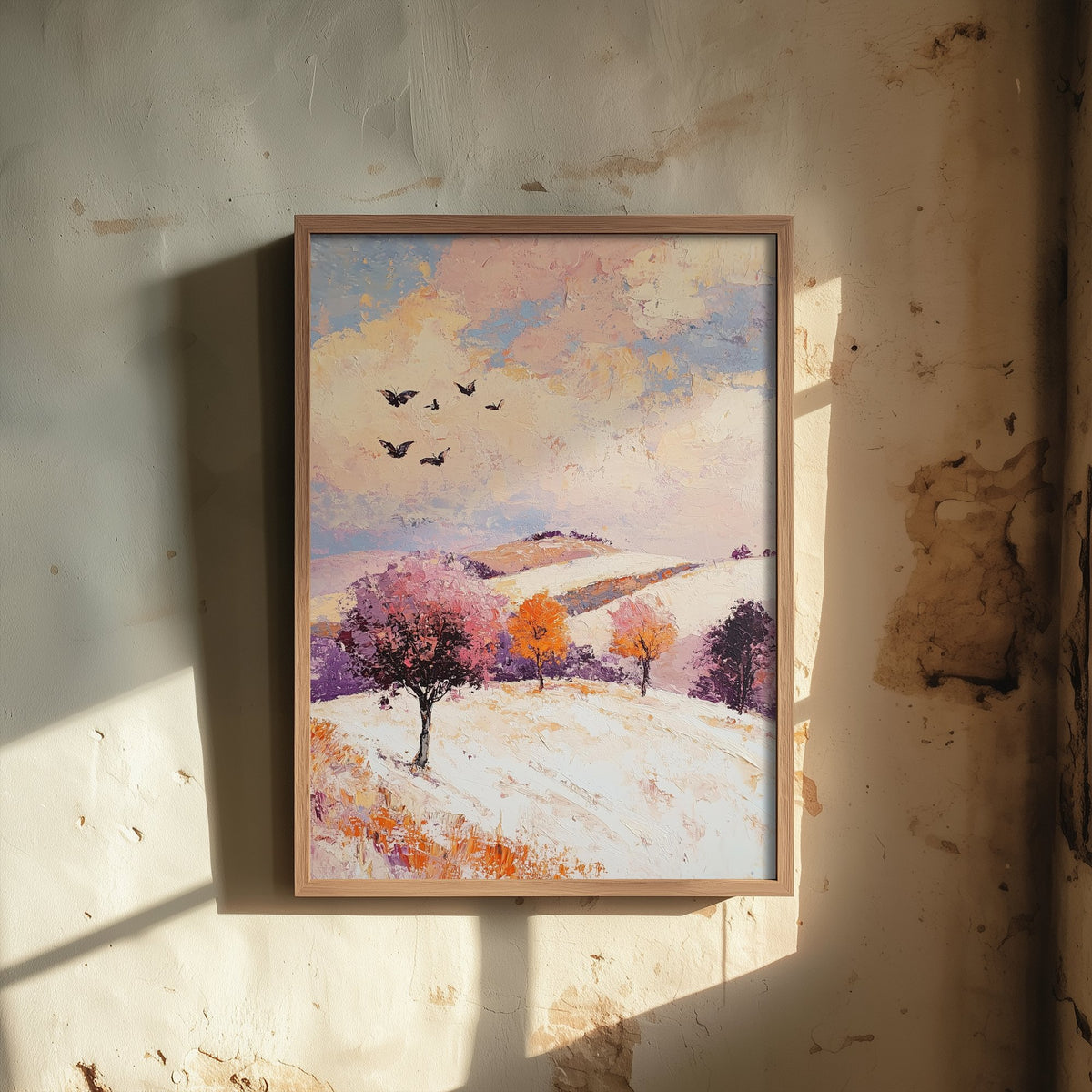 Rolling Hills Landscape Art Print - Butterfly Meadow Poster - Folk Art Painting - Mauve Bronze and Snow 1/3