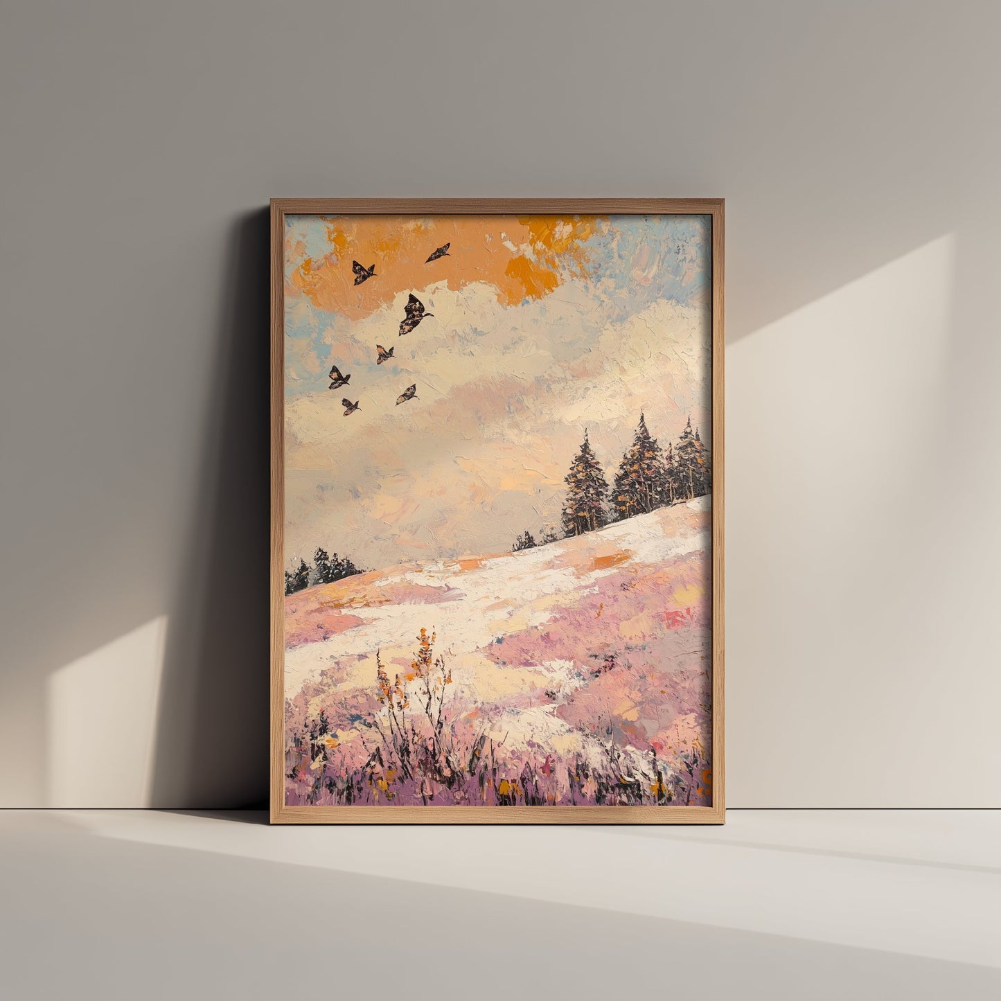 Rolling Hills Landscape Art Print - Butterfly Meadow Poster - Folk Art Painting - Mauve Bronze and Snow 2/3
