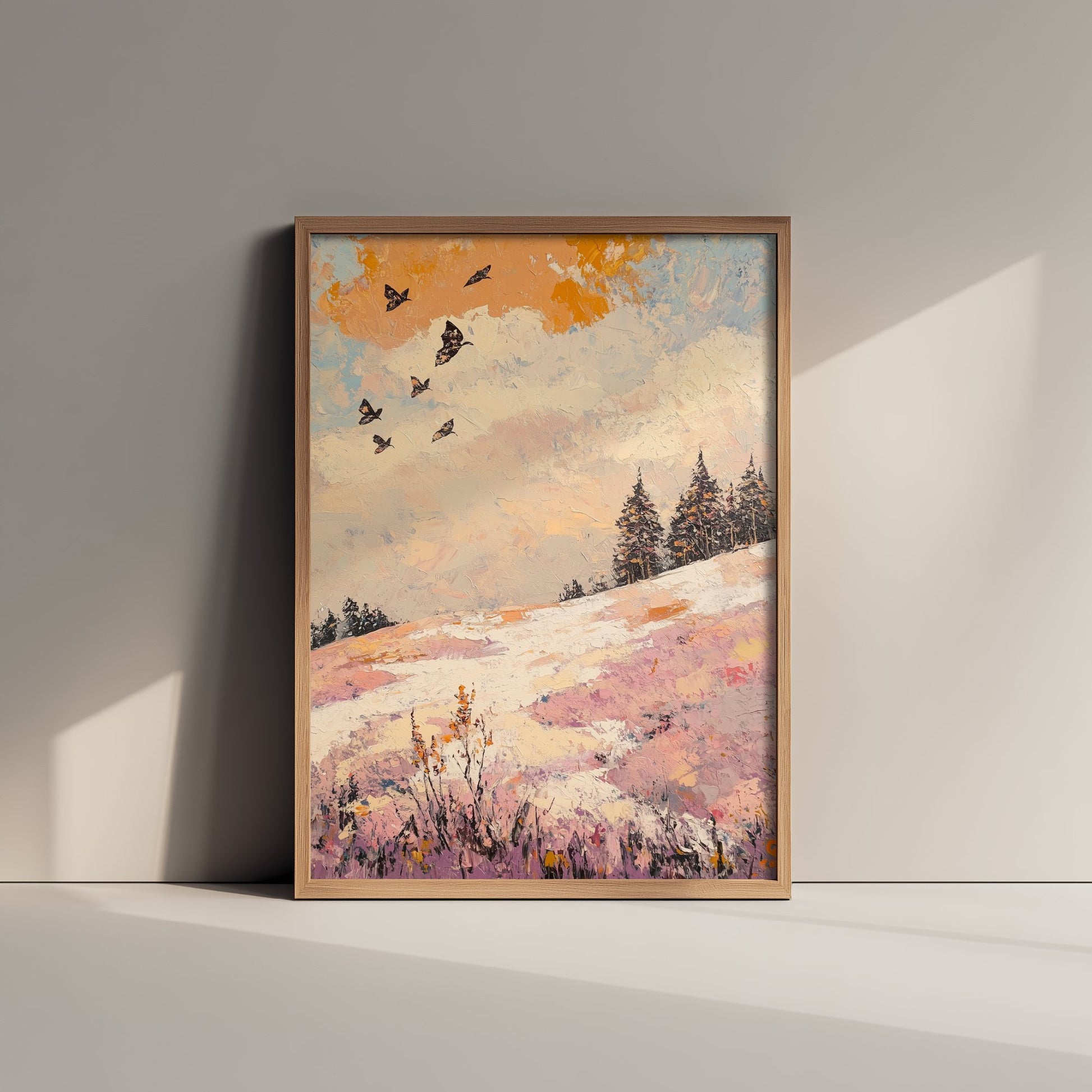 Rolling Hills Landscape Art Print - Butterfly Meadow Poster - Folk Art Painting - Mauve Bronze and Snow 2/3